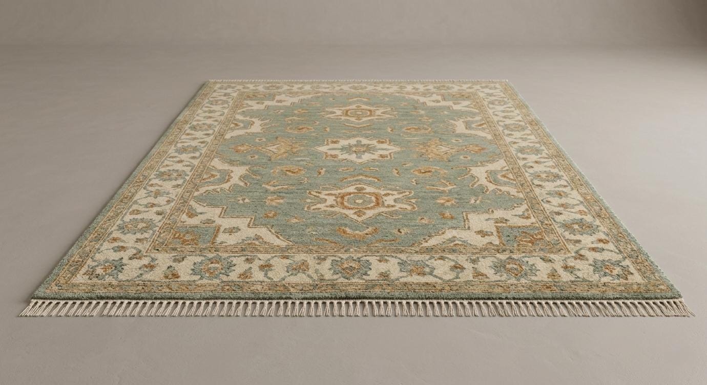 Hand Knotted Wool Rug, Oushak Style Blue Beige Floral Carpet