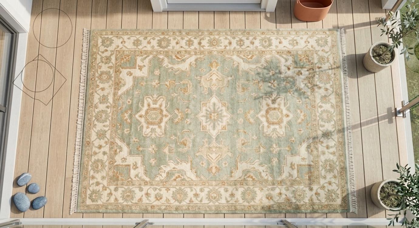 Hand Knotted Wool Rug, Oushak Style Blue Beige Floral Carpet