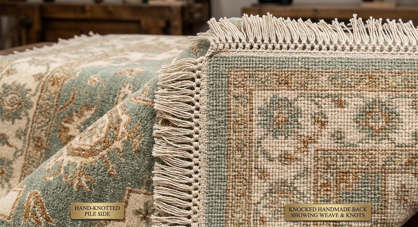 Hand Knotted Wool Rug, Oushak Style Blue Beige Floral Carpet