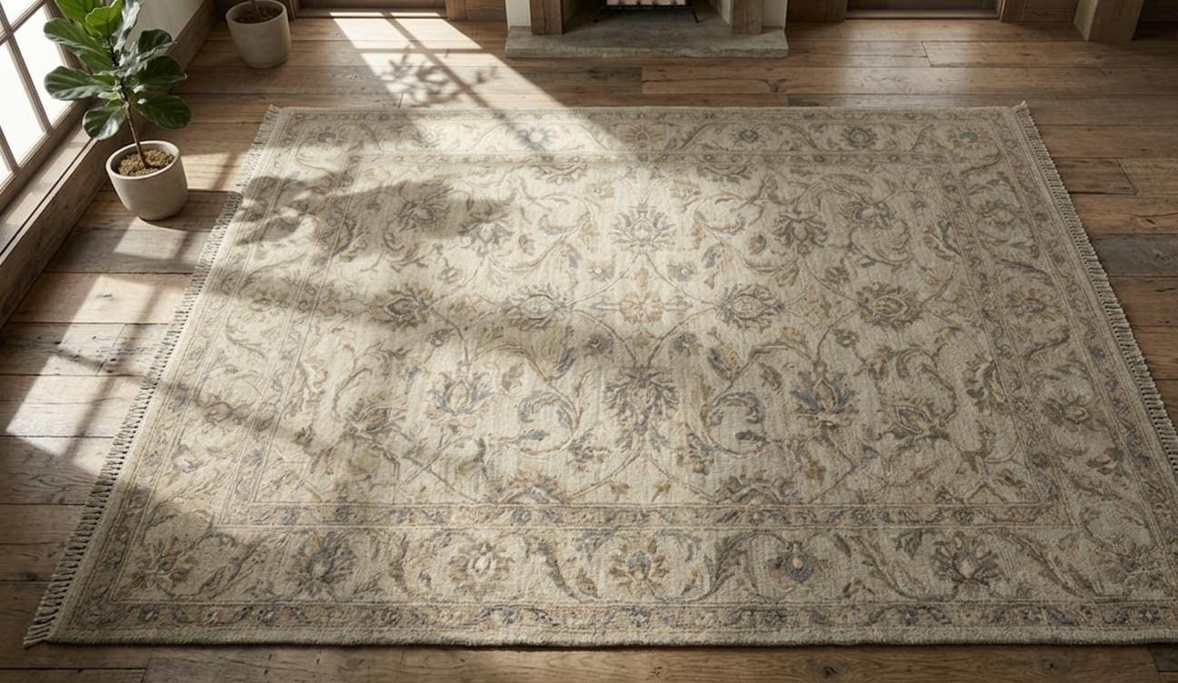 Hand Knotted Wool Rug, Persian Floral Area Carpet, Neutral Beige Living Room