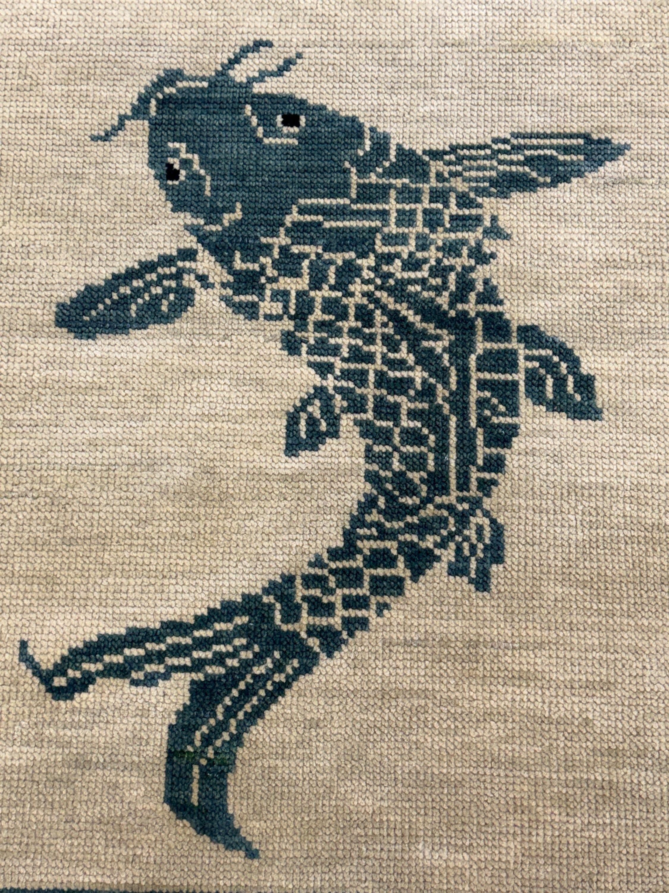 Hand-Knotted Wool Koi Fish Rug, Japanese Style Carpet, Blue Beige Zen Home Decor