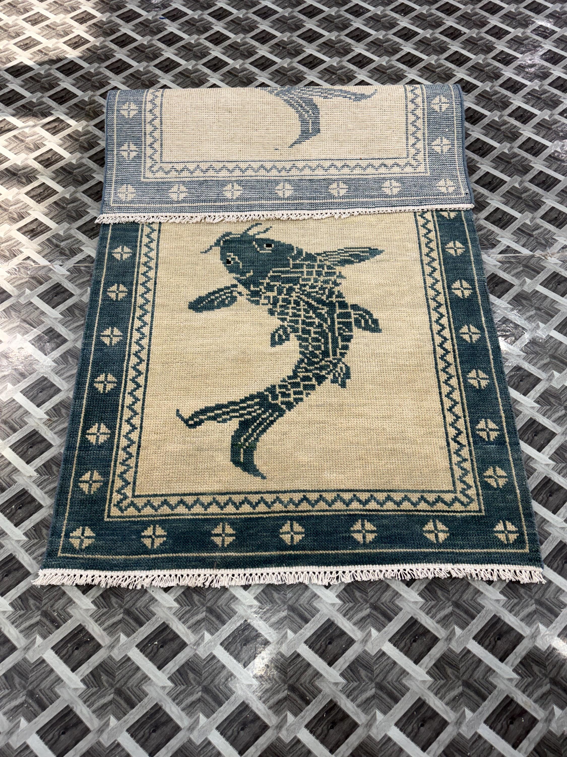 Hand-Knotted Wool Koi Fish Rug, Japanese Style Carpet, Blue Beige Zen Home Decor