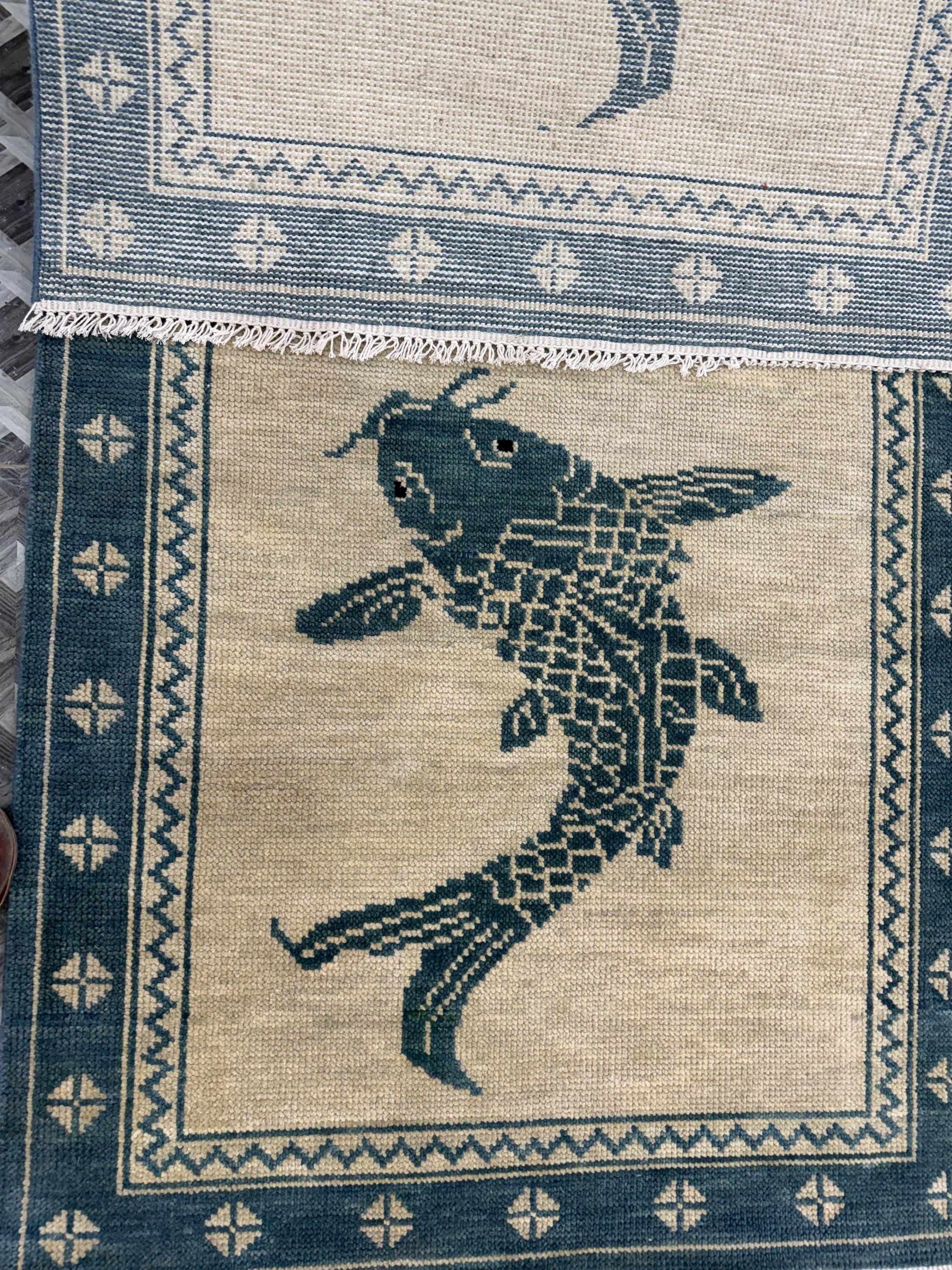 Hand-Knotted Wool Koi Fish Rug, Japanese Style Carpet, Blue Beige Zen Home Decor