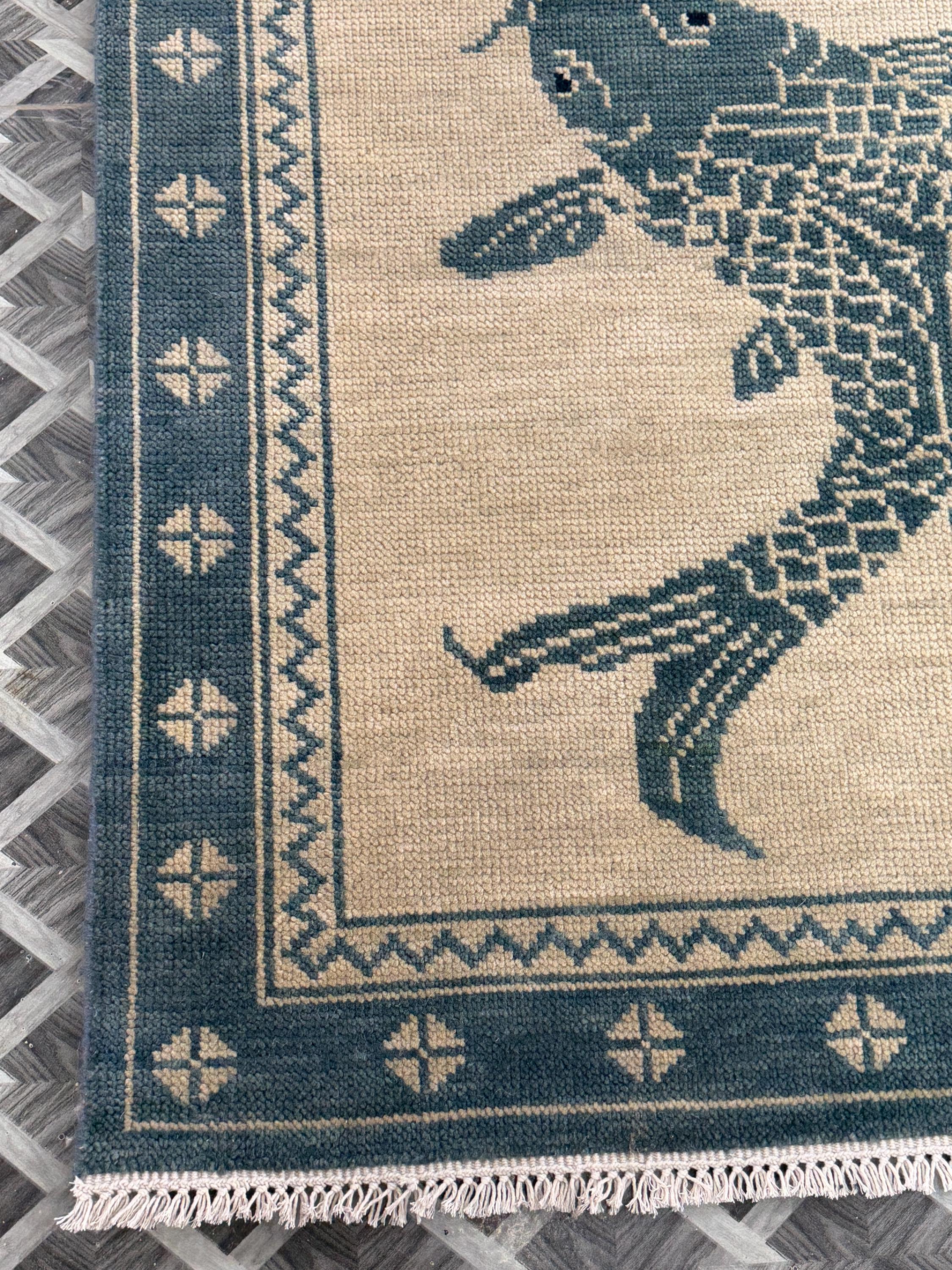 Hand-Knotted Wool Koi Fish Rug, Japanese Style Carpet, Blue Beige Zen Home Decor