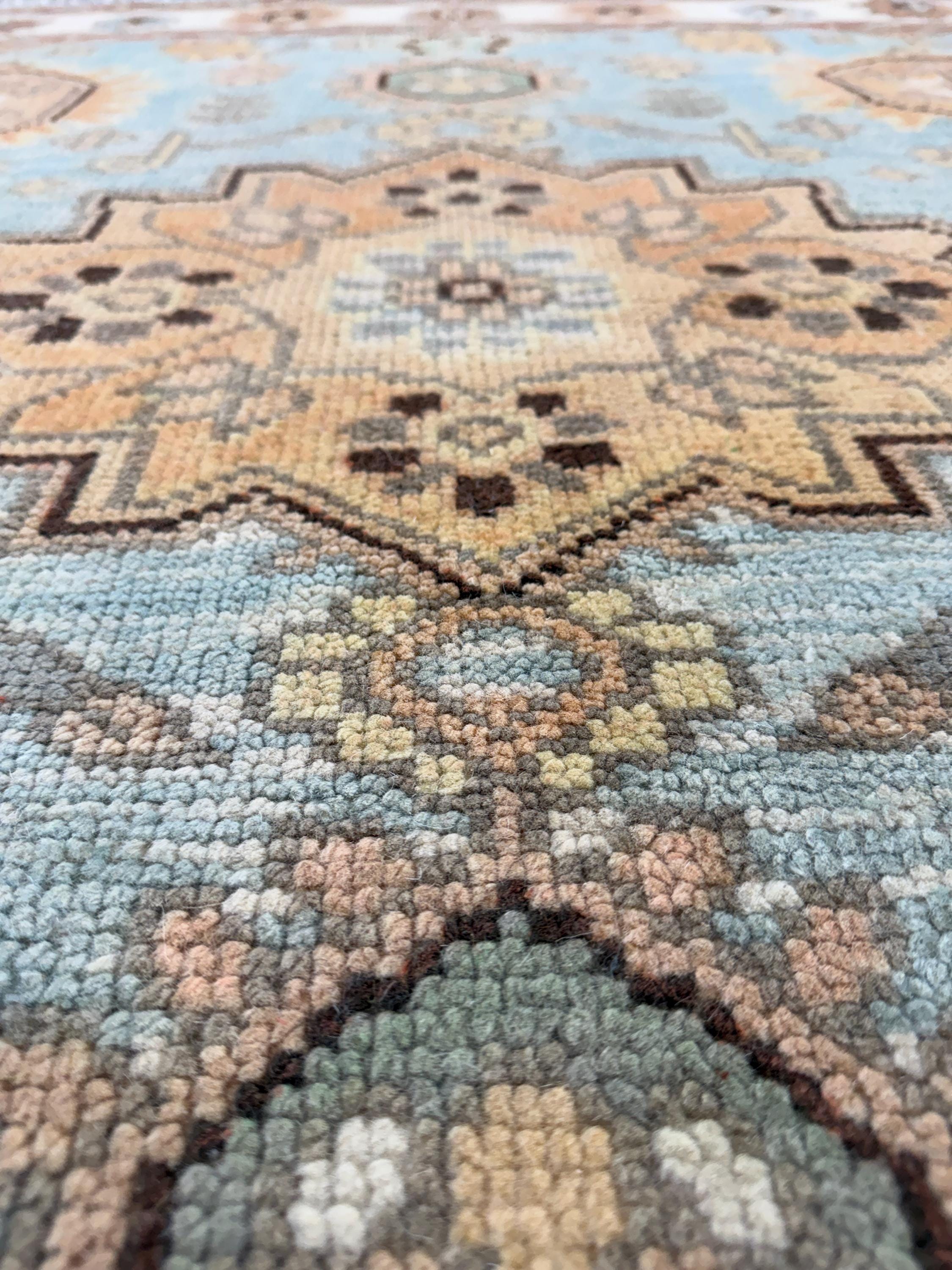 Hand-Knotted Wool Medallion Rug, Blue Beige Traditional Oriental Boho Carpet