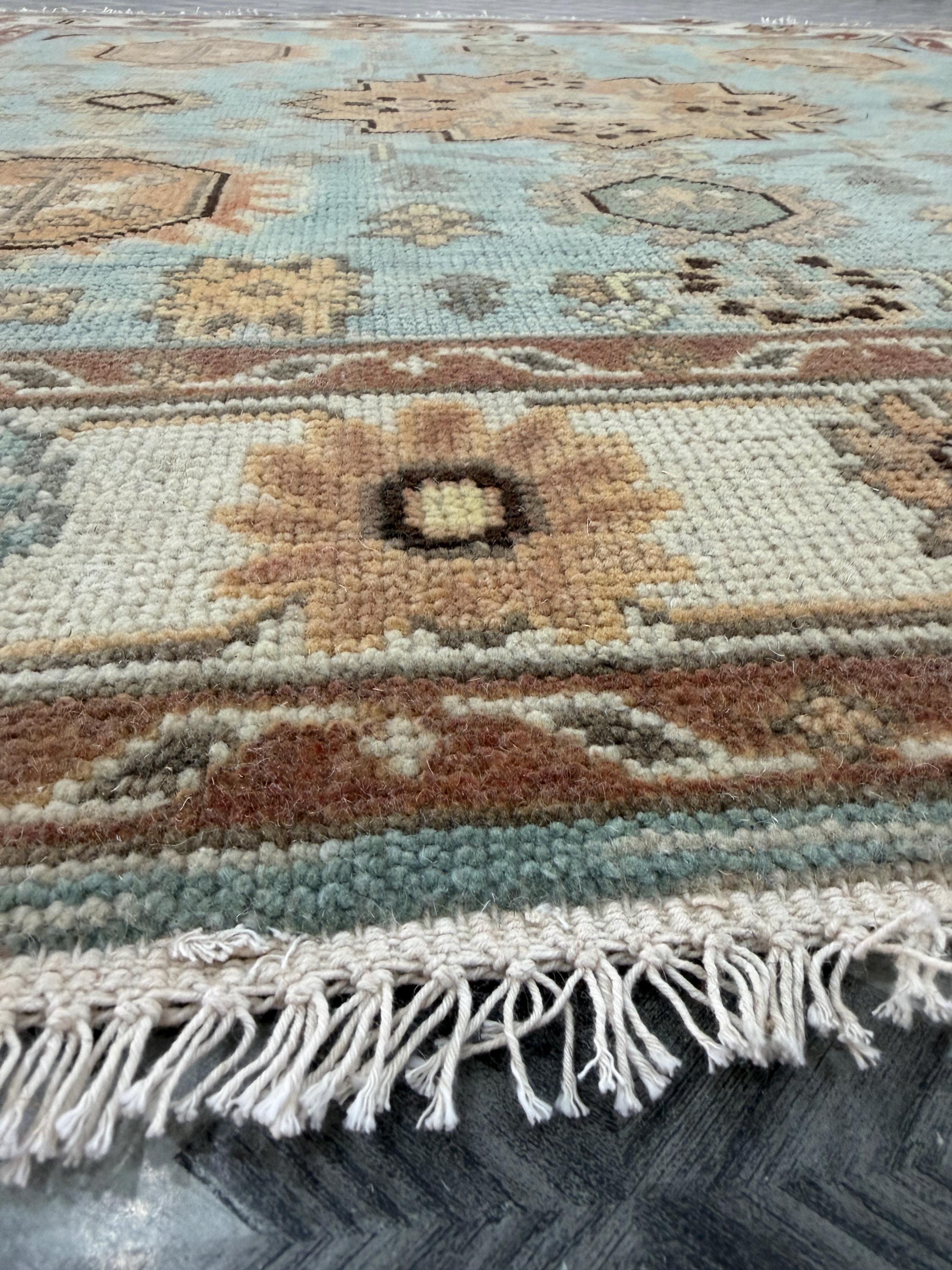 Hand-Knotted Wool Medallion Rug, Blue Beige Traditional Oriental Boho Carpet