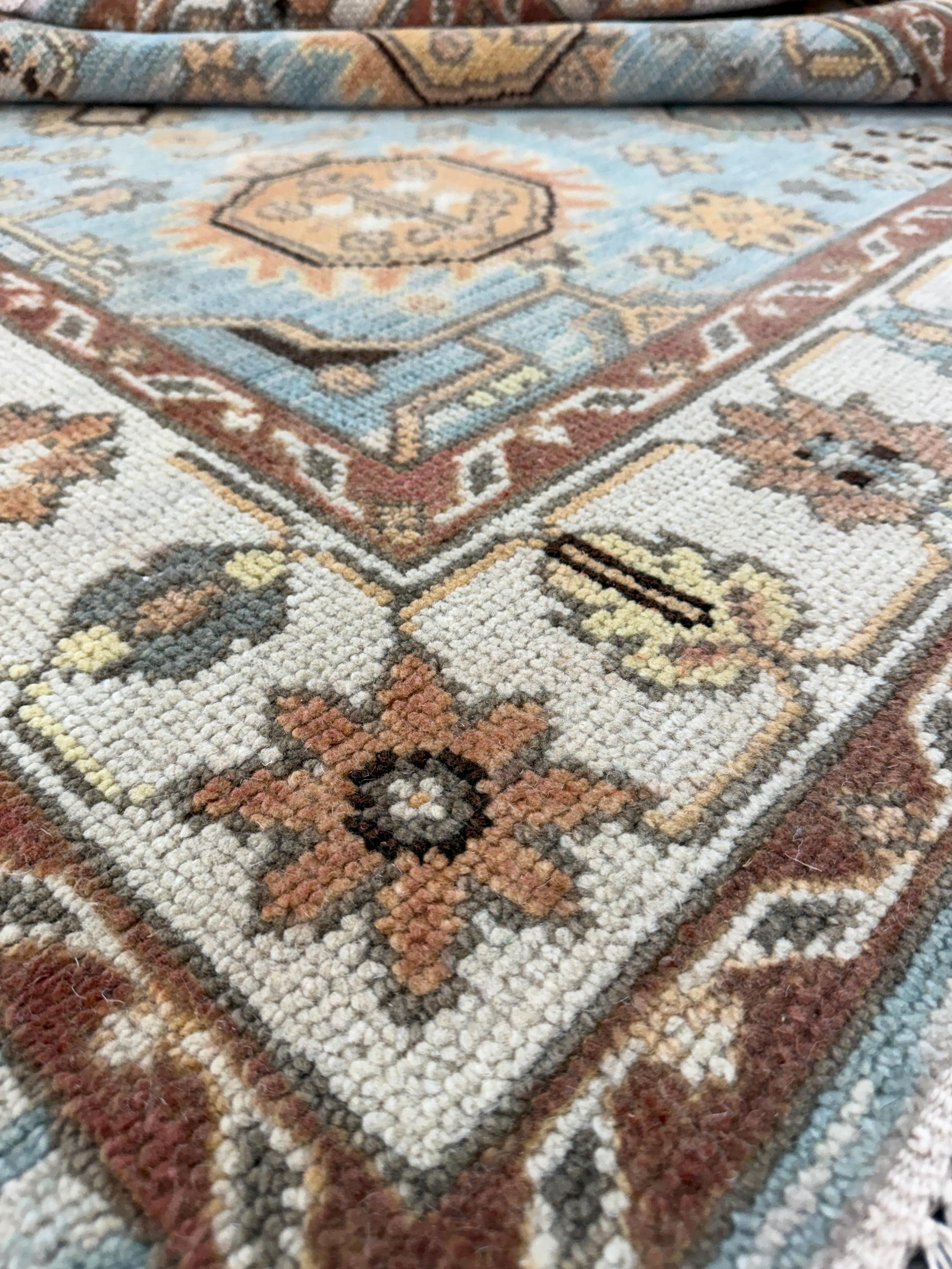 Hand-Knotted Wool Medallion Rug, Blue Beige Traditional Oriental Boho Carpet