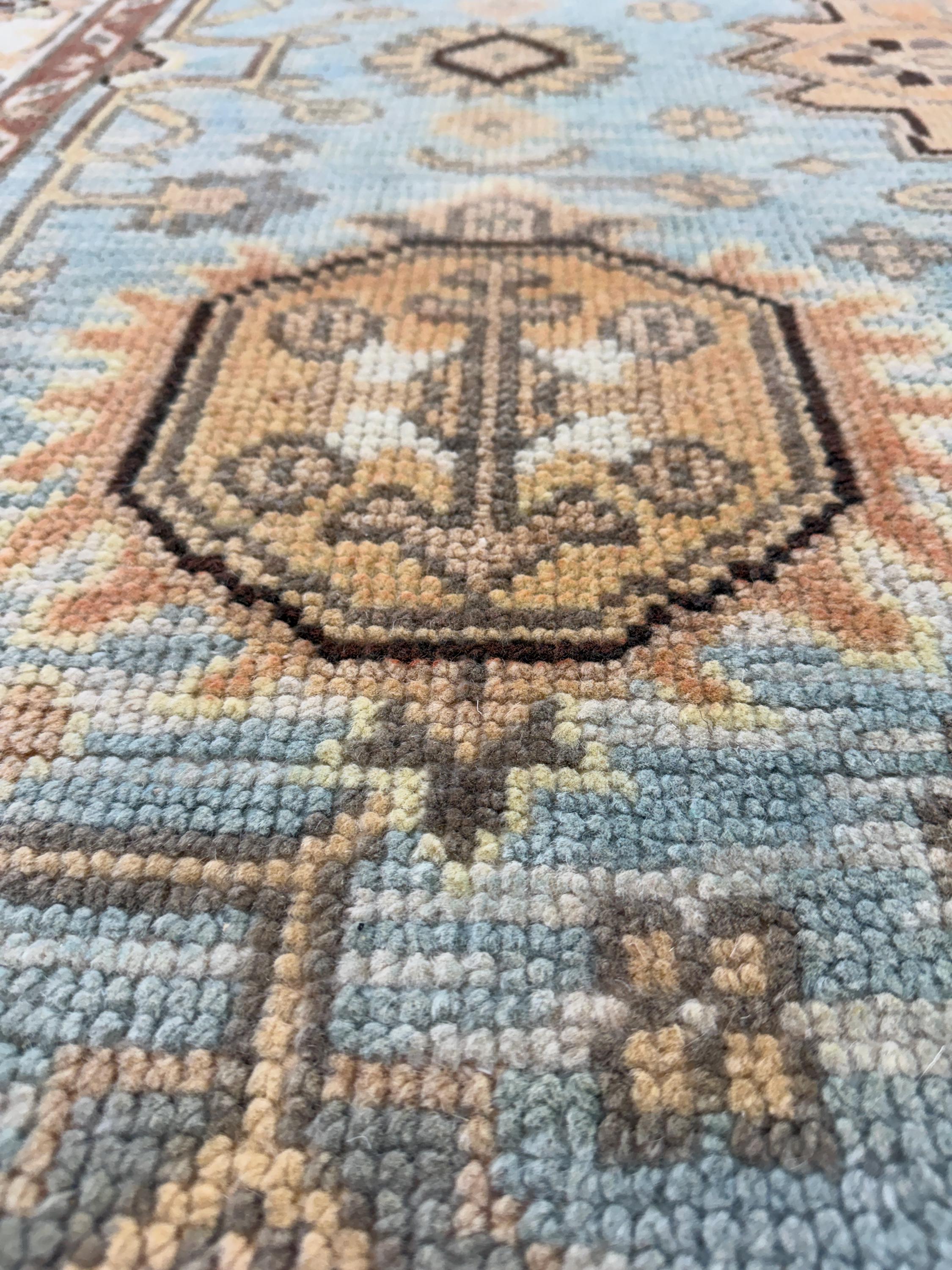 Hand-Knotted Wool Medallion Rug, Blue Beige Traditional Oriental Boho Carpet