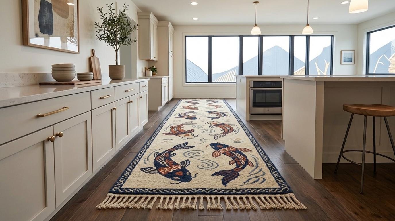 Hand Knotted Wool Koi Fish Runner Rug, Japanese Style Oriental Carpet