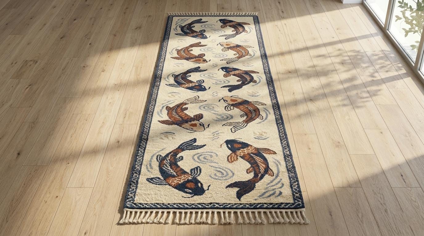 Hand Knotted Wool Koi Fish Runner Rug, Japanese Style Oriental Carpet