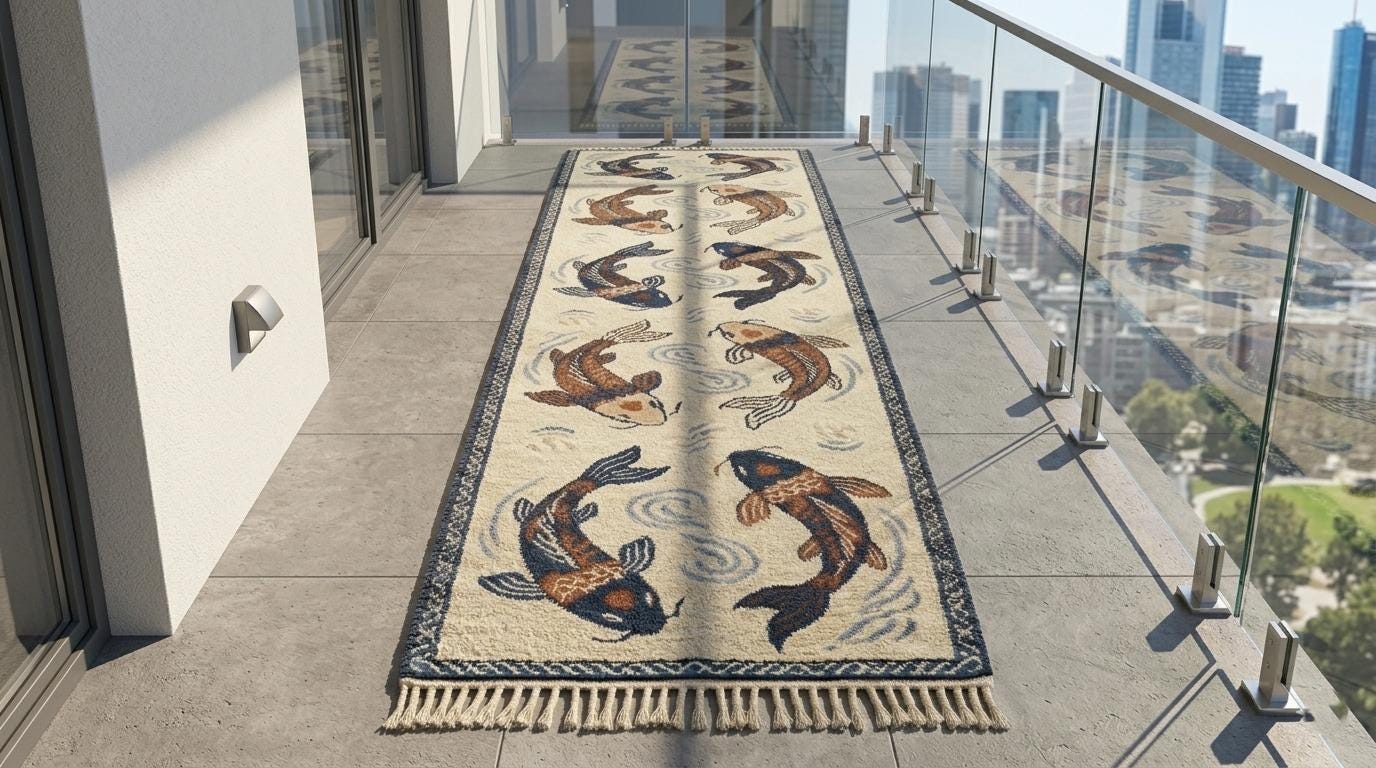 Hand Knotted Wool Koi Fish Runner Rug, Japanese Style Oriental Carpet