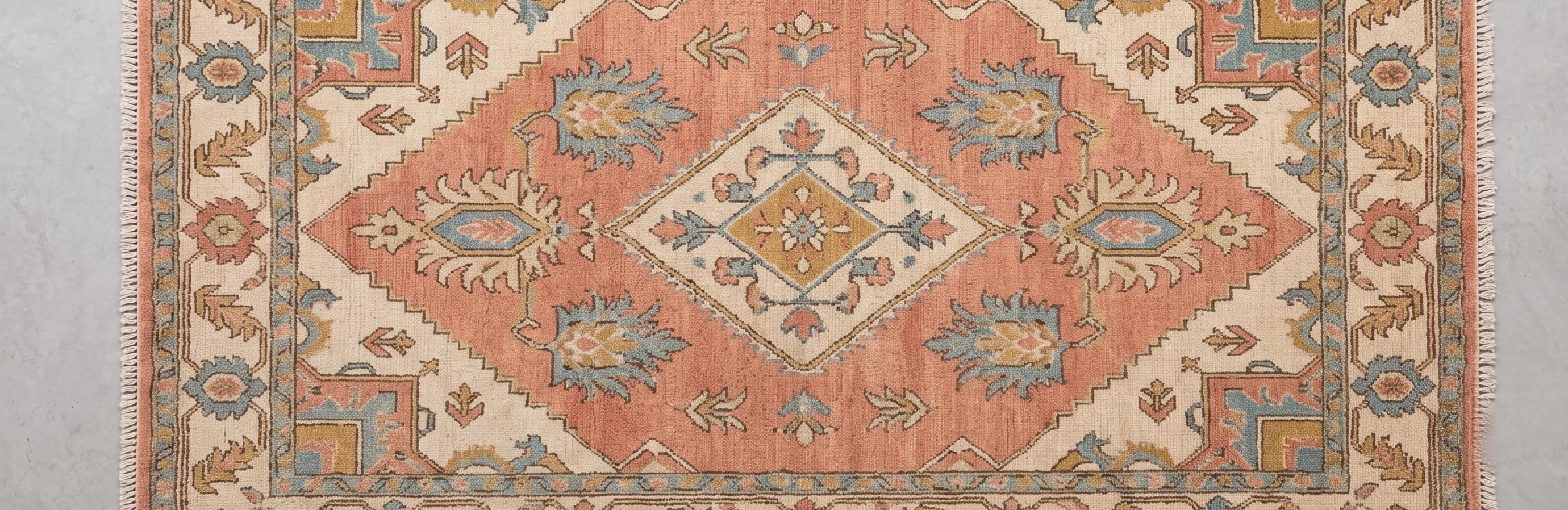 Hand Knotted Wool Rug, Vintage Oushak Floral Persian Style Carpet, Peach Ivory Home Decor