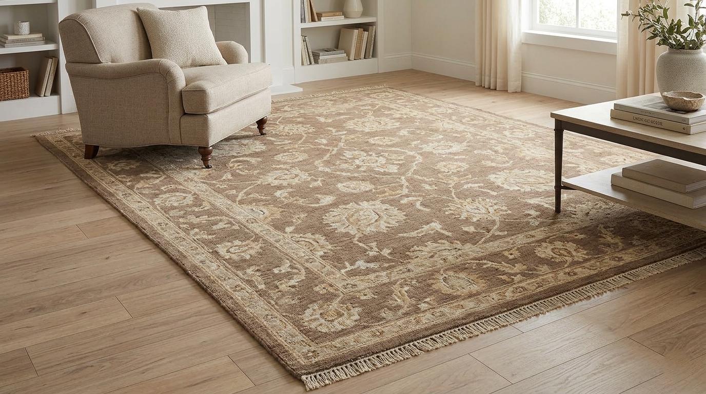 Hand Knotted Wool Rug, Neutral Floral Oushak Style Carpet, Beige Brown Area Rug