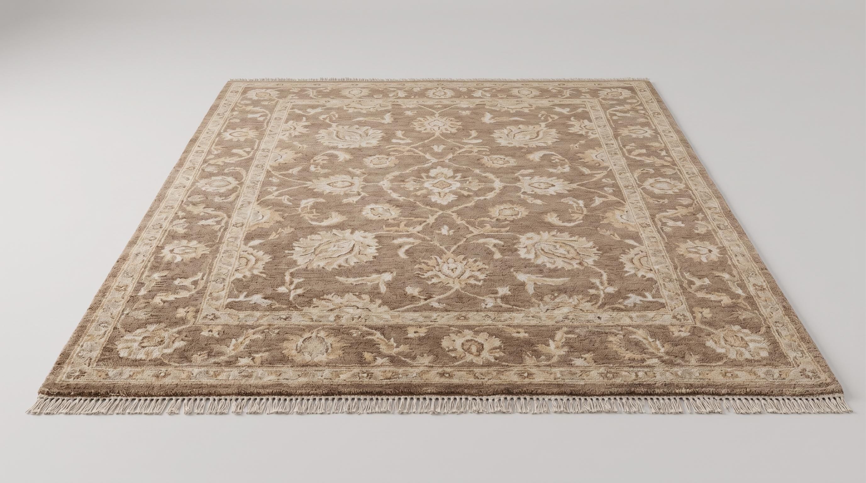 Hand Knotted Wool Rug, Neutral Floral Oushak Style Carpet, Beige Brown Area Rug