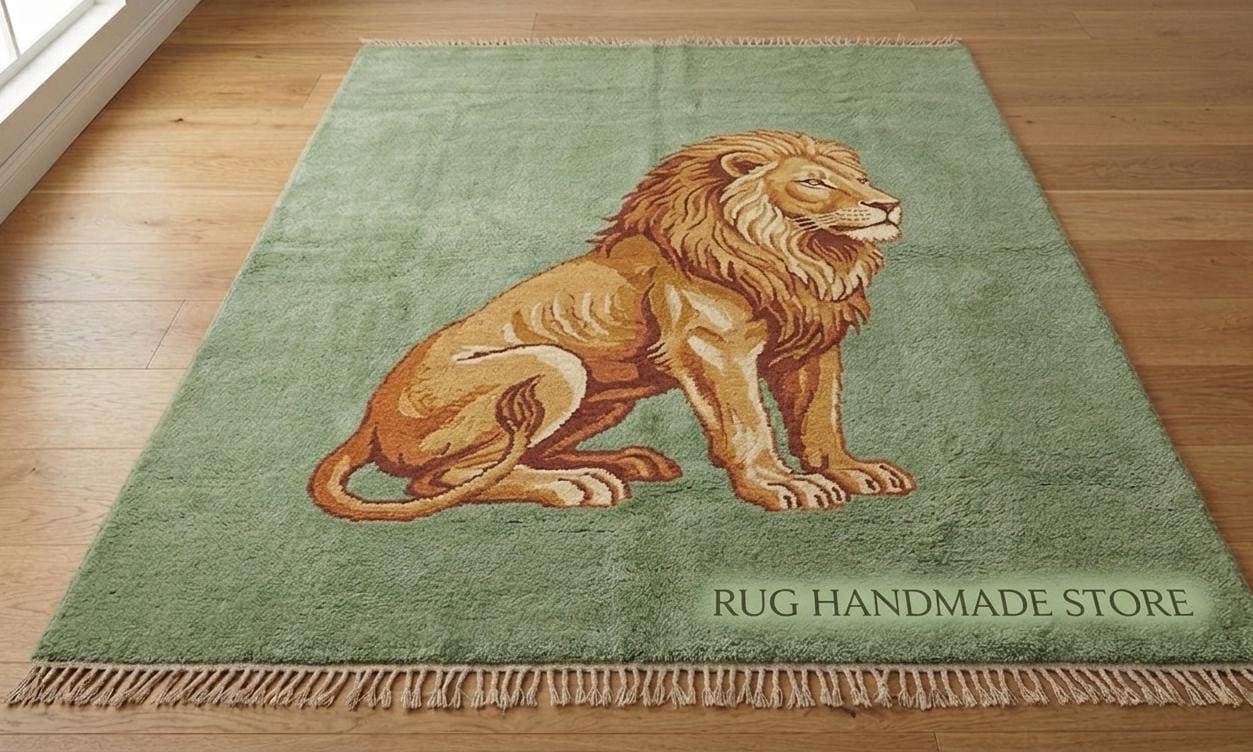 Hand Knotted Lion Wool Rug, Green Animal Design Carpet, Living Room Statement Piece