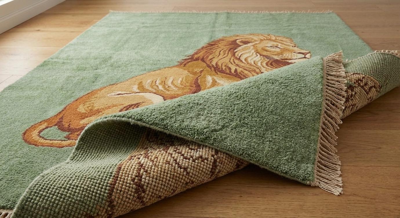Hand Knotted Lion Wool Rug, Green Animal Design Carpet, Living Room Statement Piece