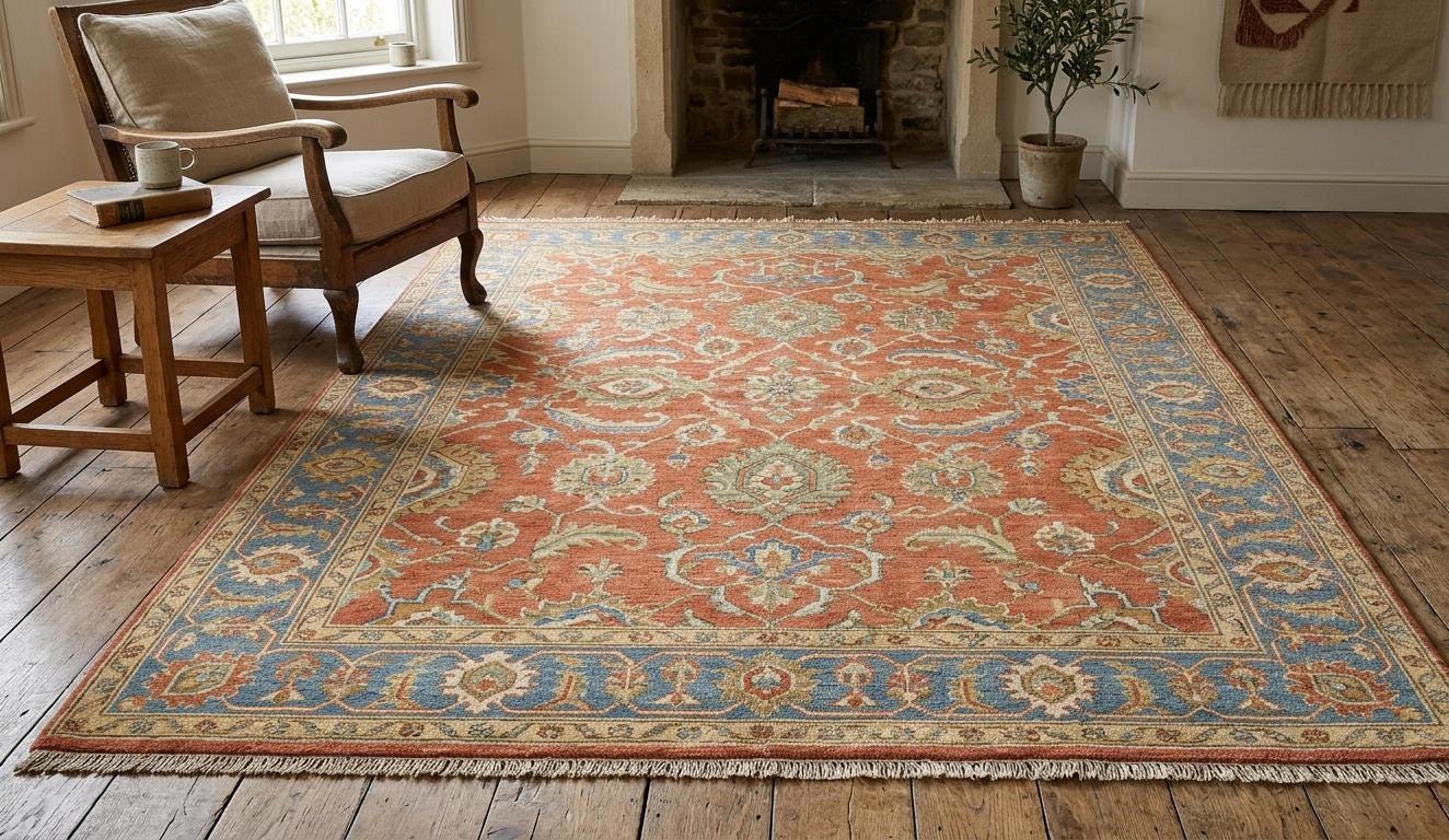 Hand Knotted Wool Rug, Vintage Oushak Style, Terracotta Blue Floral Carpet