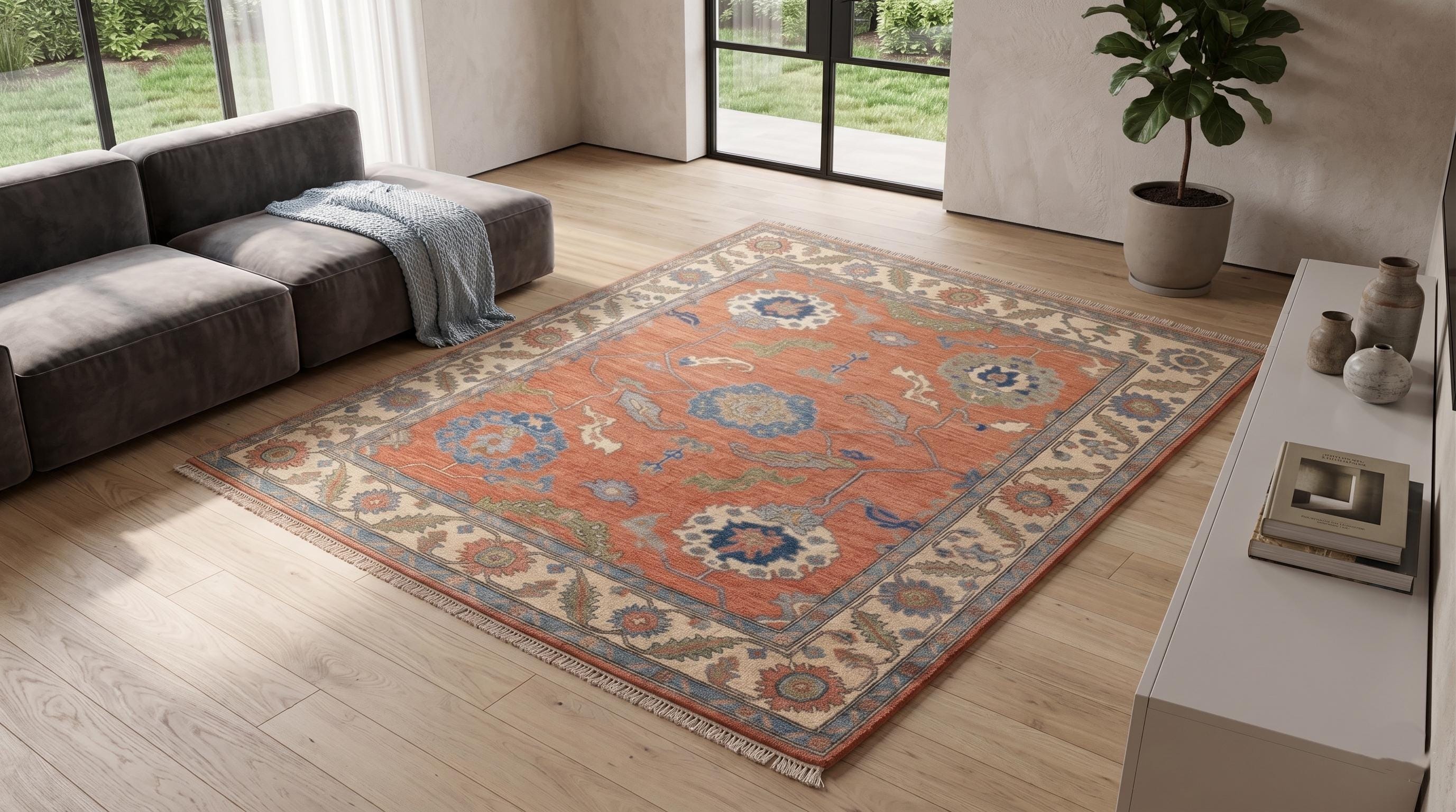 Hand-Knotted Wool Oushak Rug, Coral Blue Floral Oriental Carpet, Living Room Area Rug