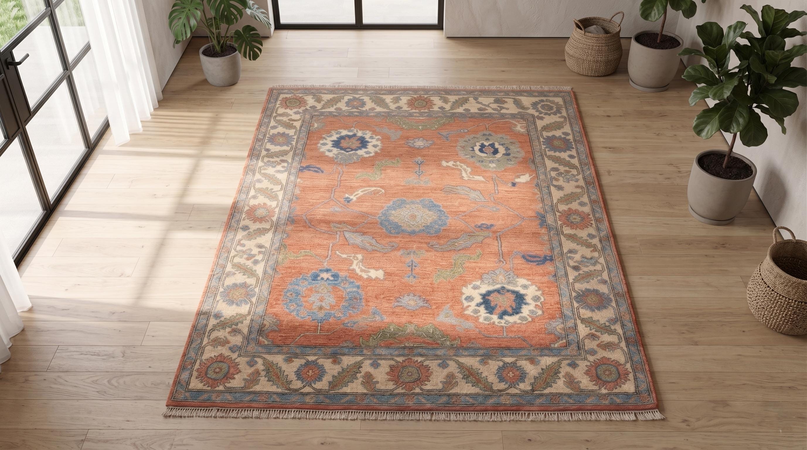Hand-Knotted Wool Oushak Rug, Coral Blue Floral Oriental Carpet, Living Room Area Rug