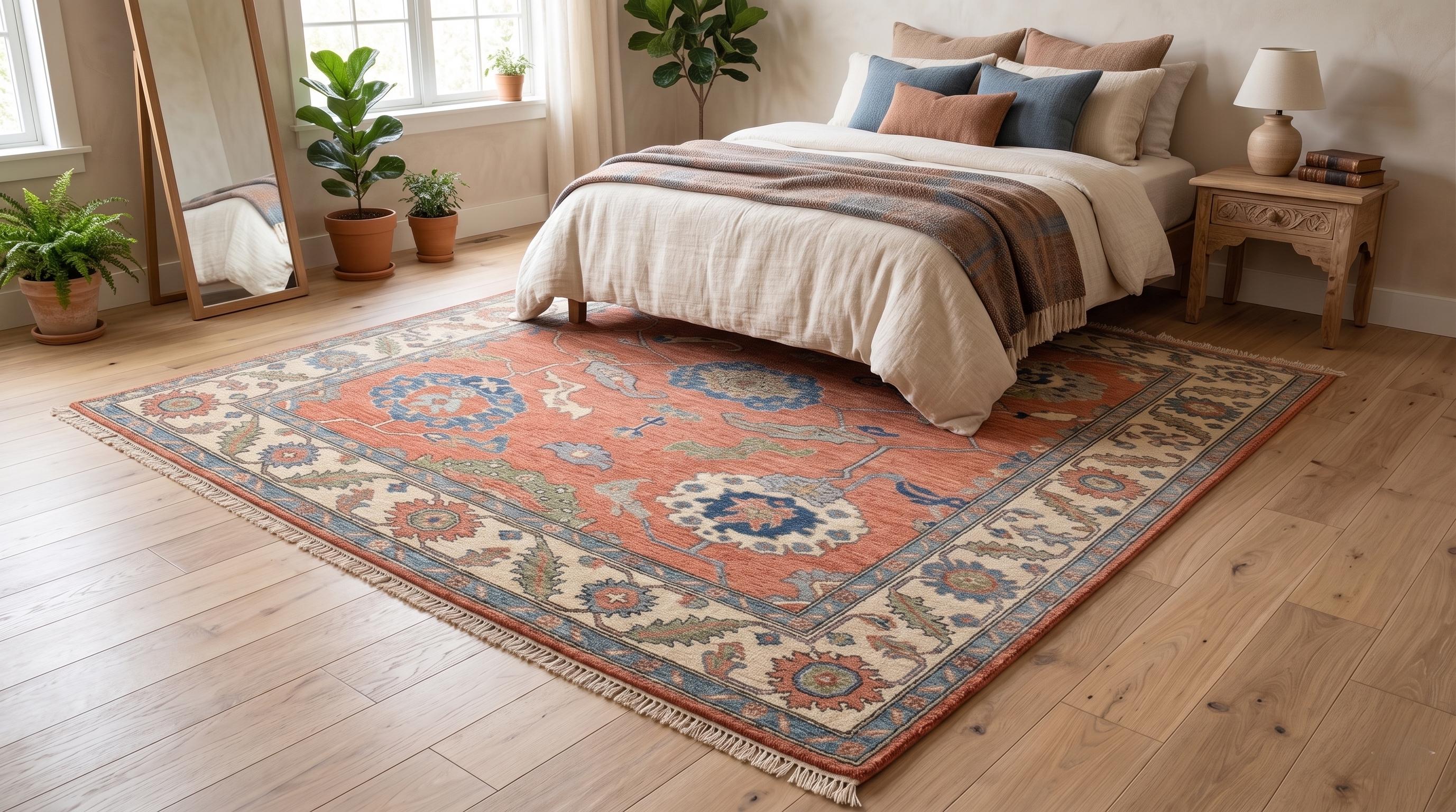Hand-Knotted Wool Oushak Rug, Coral Blue Floral Oriental Carpet, Living Room Area Rug