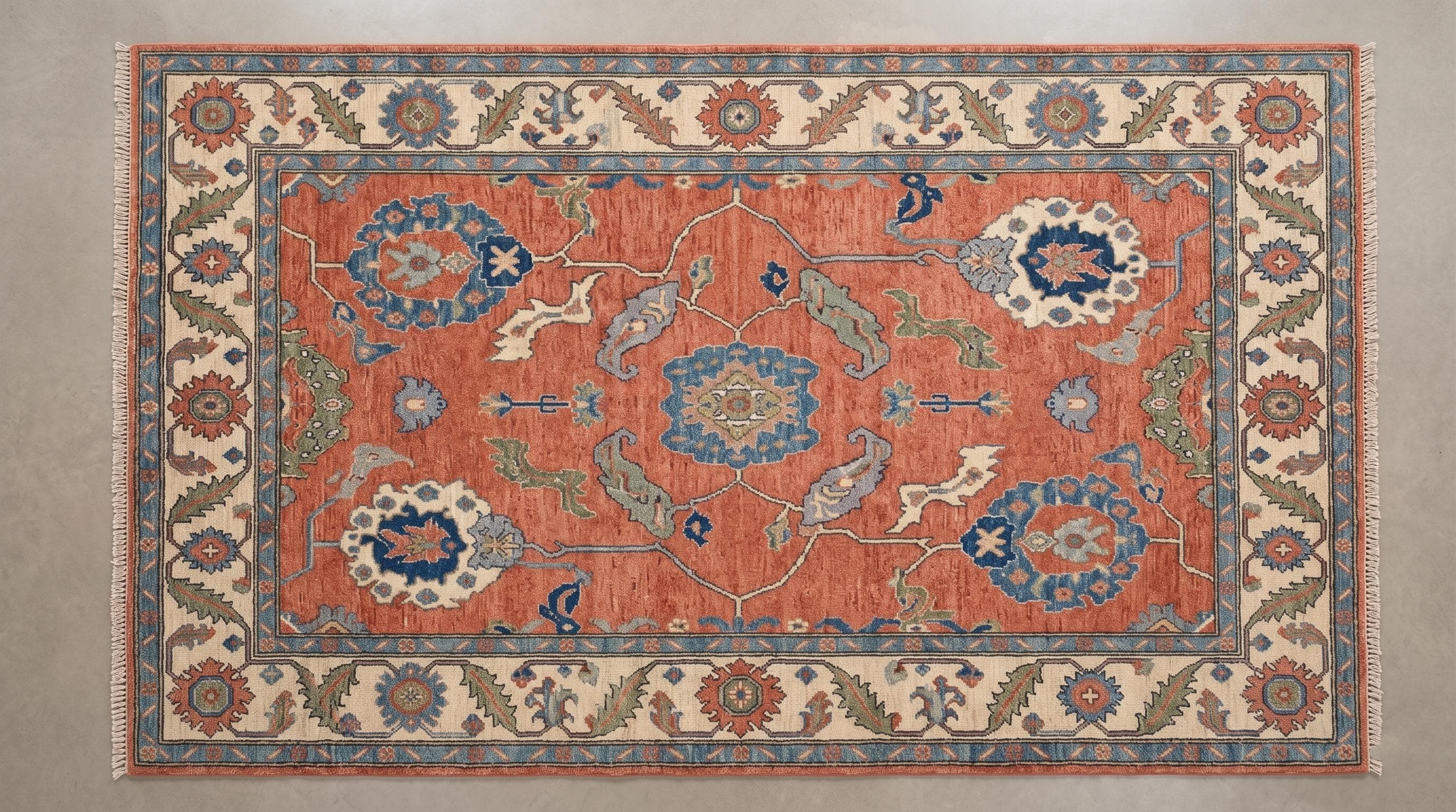 Hand-Knotted Wool Oushak Rug, Coral Blue Floral Oriental Carpet, Living Room Area Rug