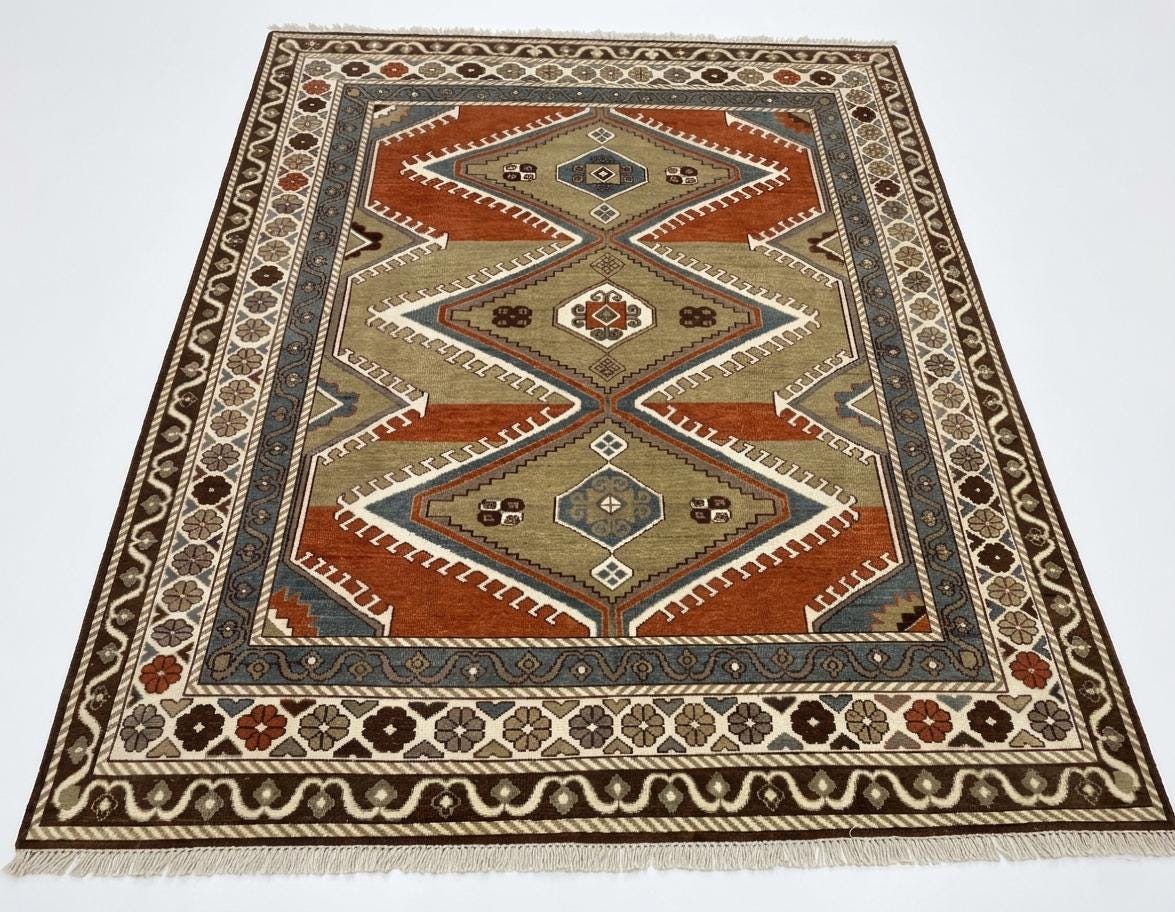 Hand Knotted Wool Oushak Rug, Rust Beige Blue Tribal Persian Style Carpet