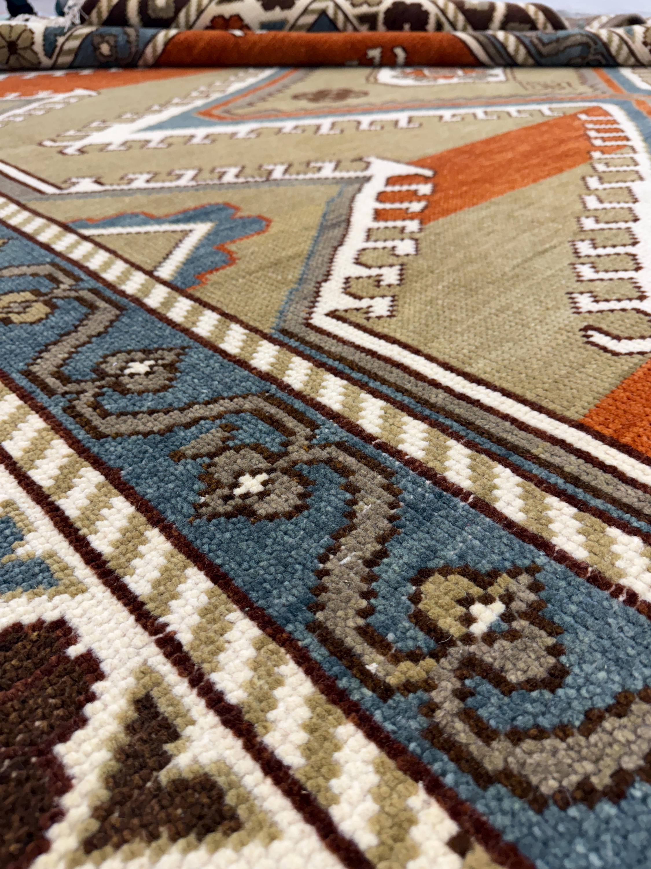 Hand Knotted Wool Oushak Rug, Rust Beige Blue Tribal Persian Style Carpet