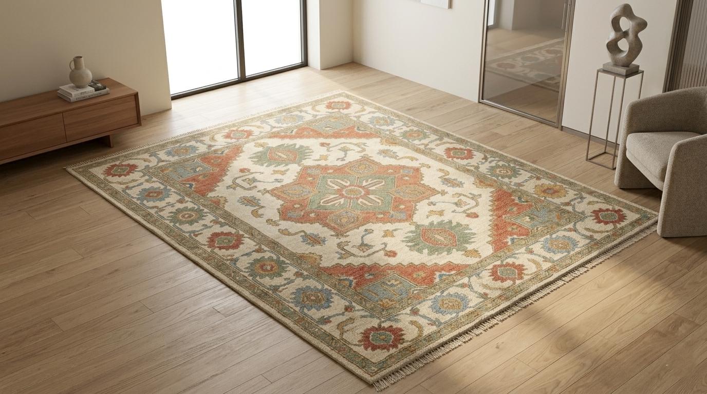 Hand Knotted Wool Oushak Rug, Traditional Oriental Medallion Carpet, Boho Living Room Area Rug