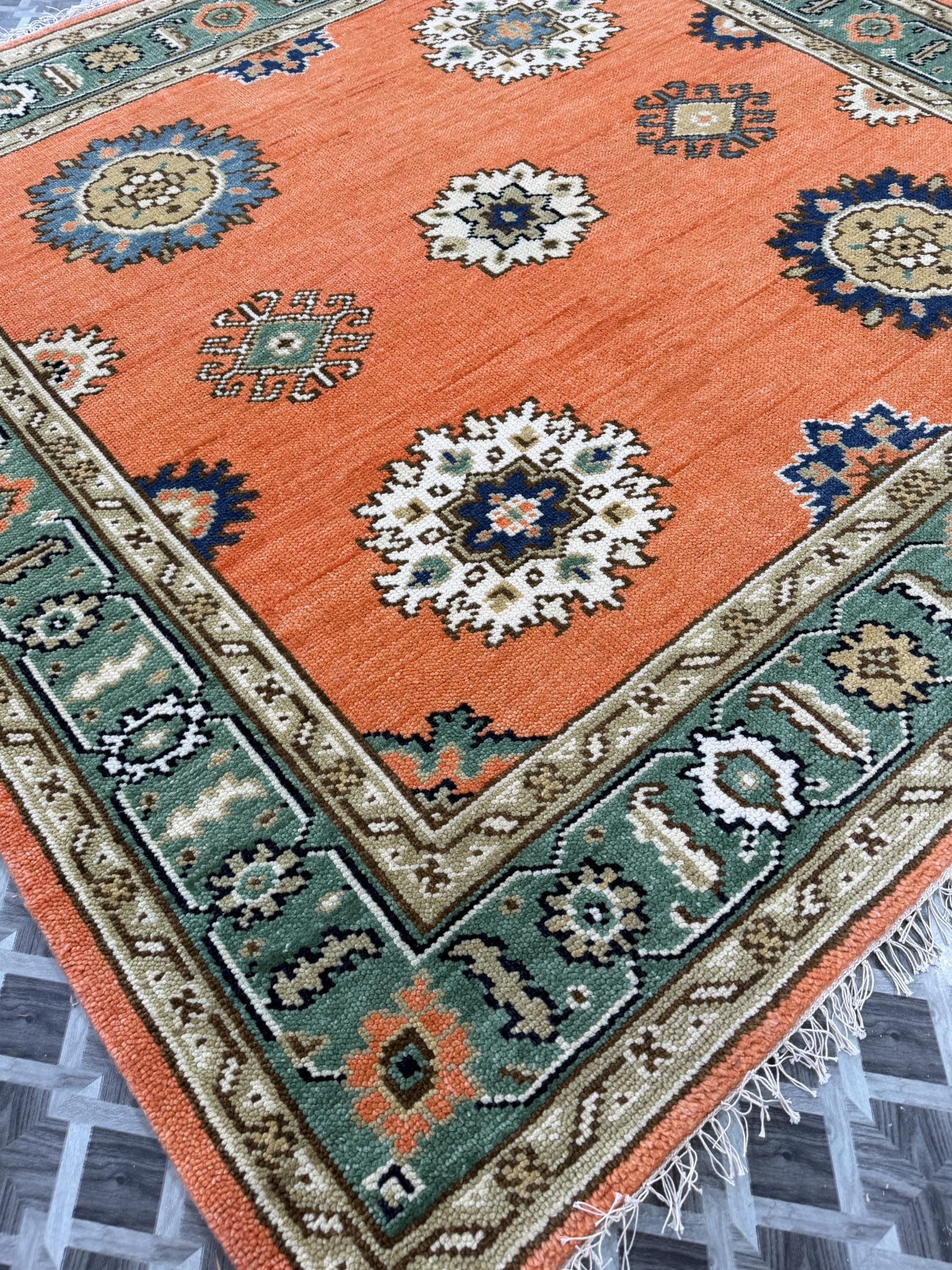 Hand Knotted Wool Rug, Orange Geometric Floral Oriental Carpet, Green Border, Vintage Home Decor
