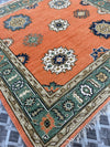 Hand Knotted Wool Rug, Orange Geometric Floral Oriental Carpet, Green Border, Vintage Home Decor