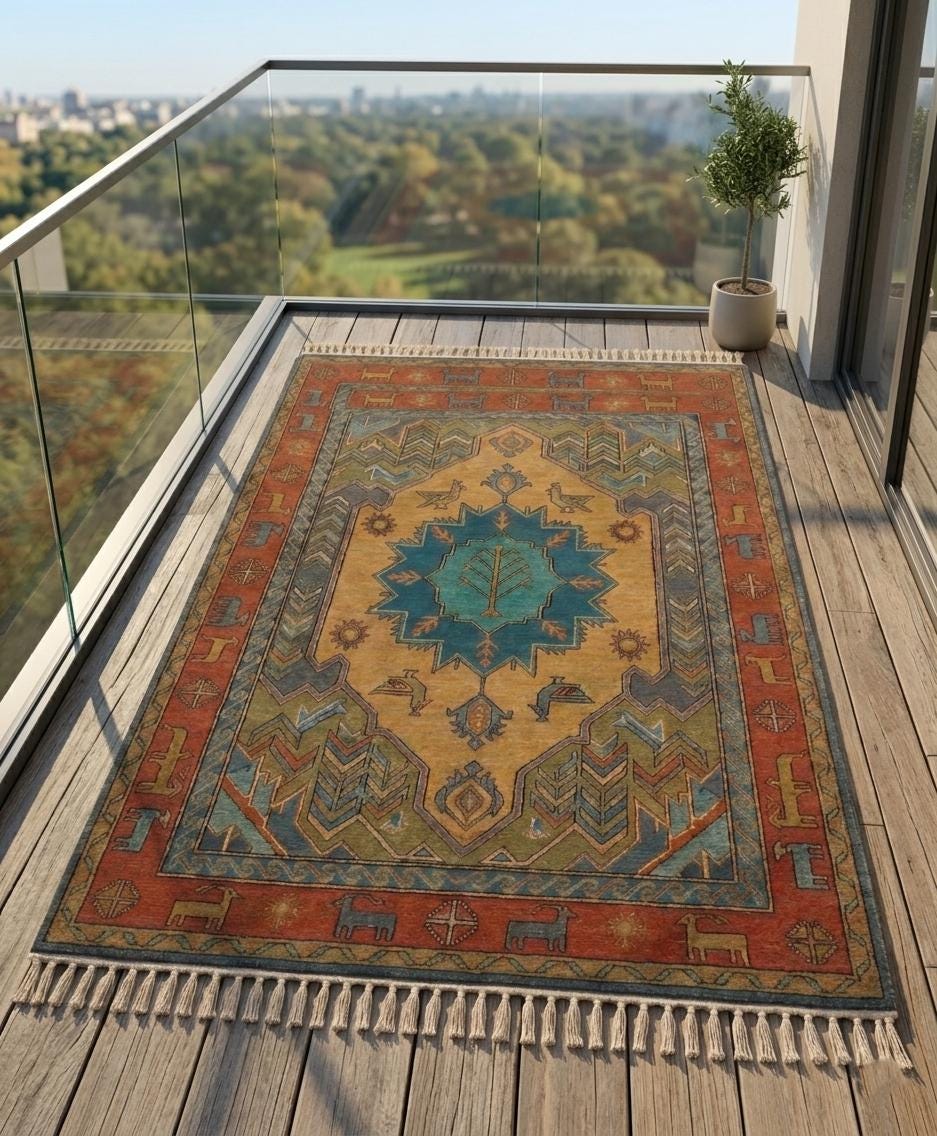 Hand Knotted Wool Rug, Southwestern Tribal Geometric Boho Carpet