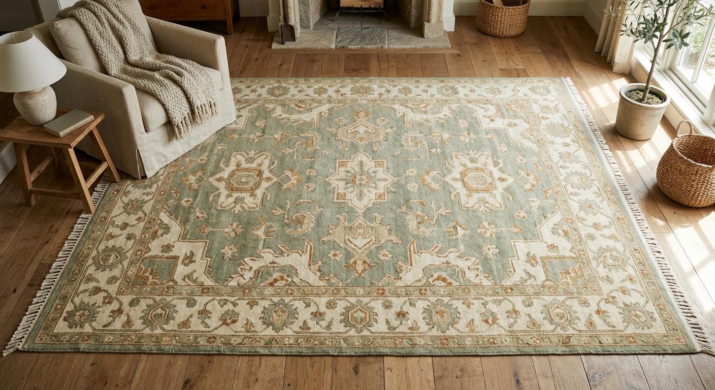Hand Knotted Wool Rug, Oushak Style Blue Beige Floral Carpet