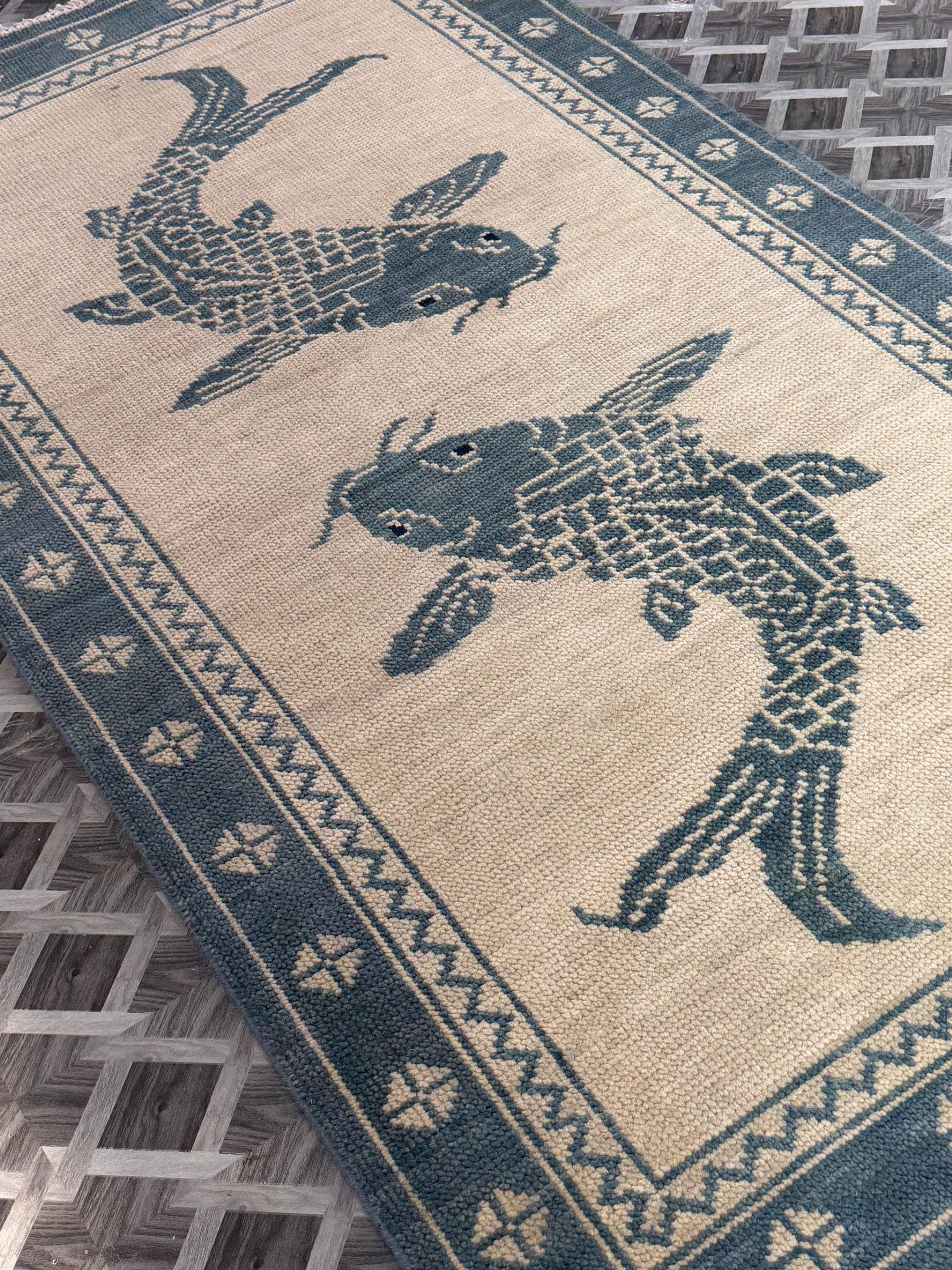Hand-Knotted Wool Koi Fish Rug, Japanese Style Carpet, Blue Beige Zen Home Decor