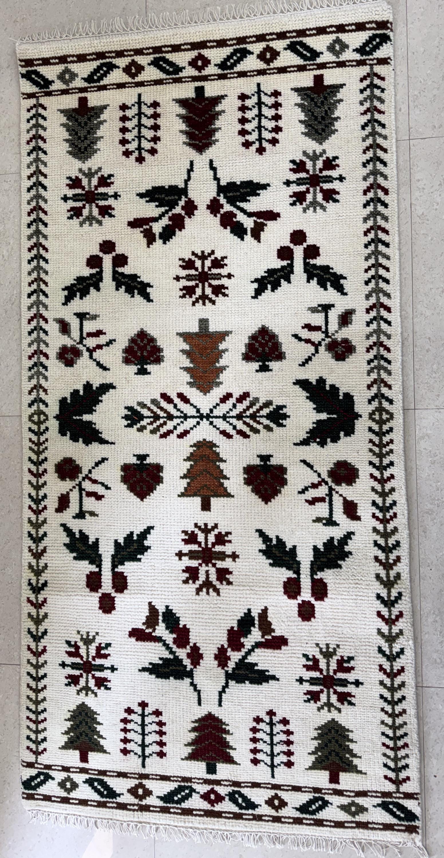 Hand Knotted Wool Rug, Scandinavian Folk Art, Tree Bird Pattern, Rustic Nordic Kilim