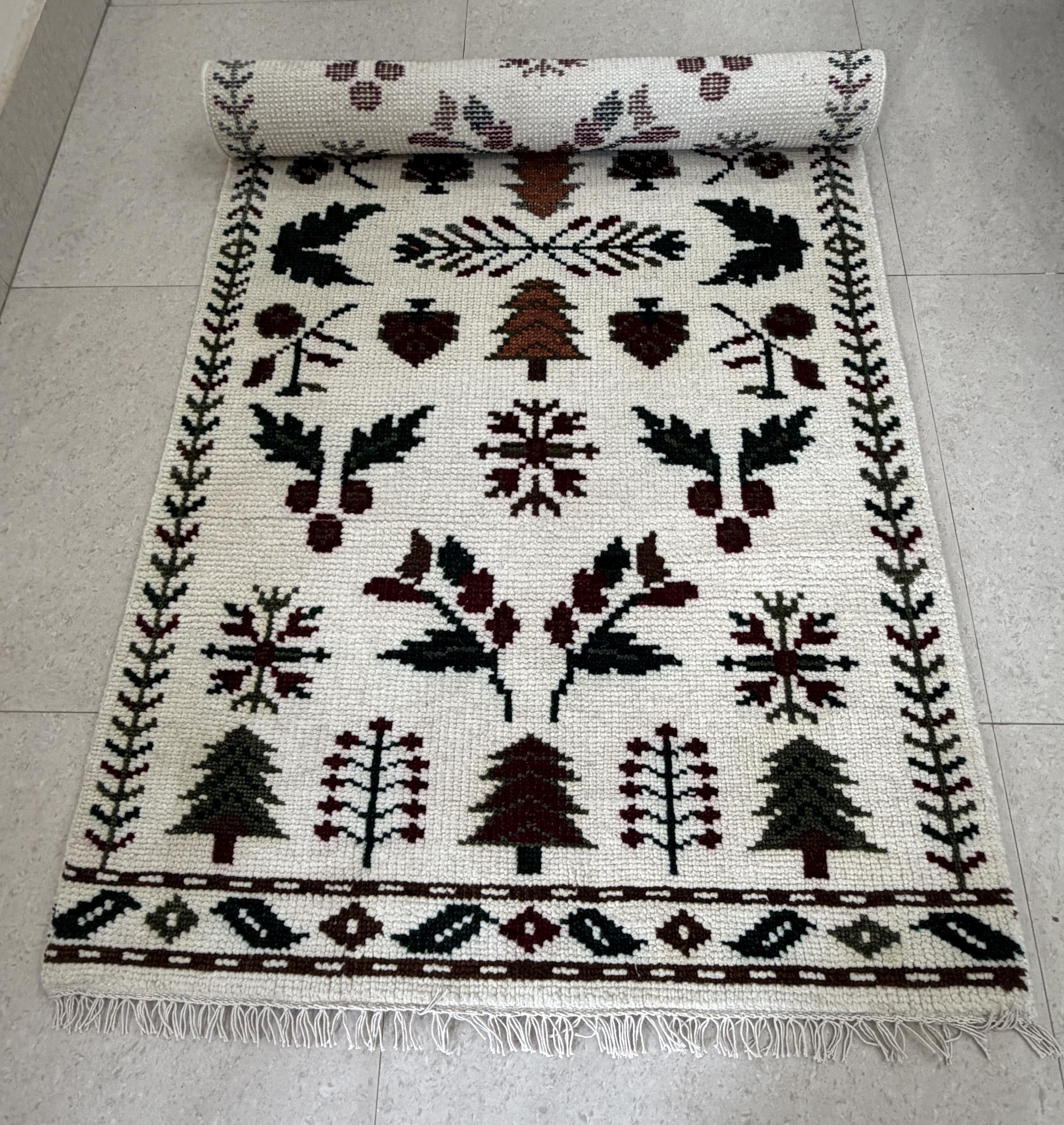 Hand Knotted Wool Rug, Scandinavian Folk Art, Tree Bird Pattern, Rustic Nordic Kilim