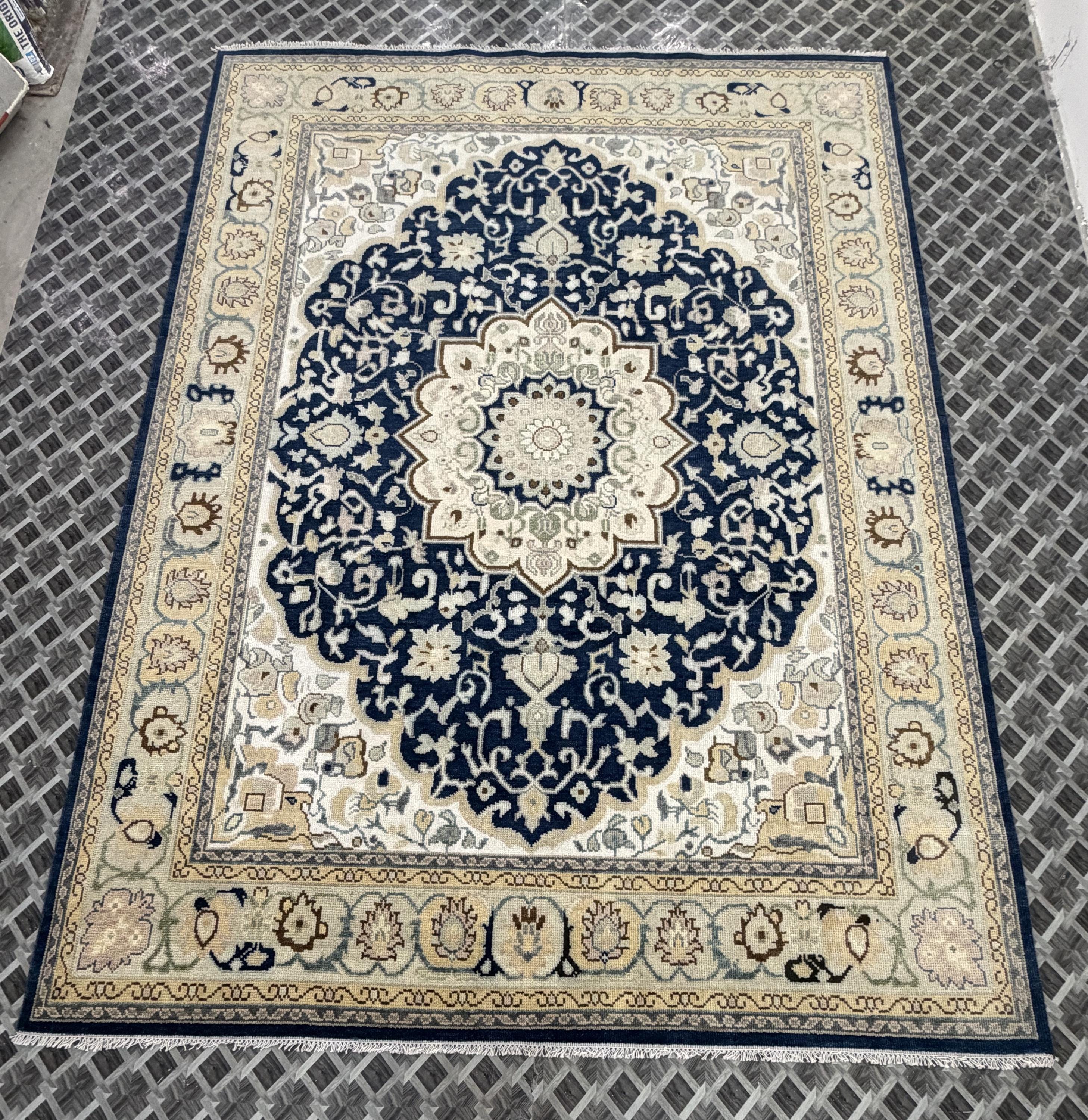 Hand Knotted Wool Medallion Rug, Navy Blue Floral Persian Style Carpet