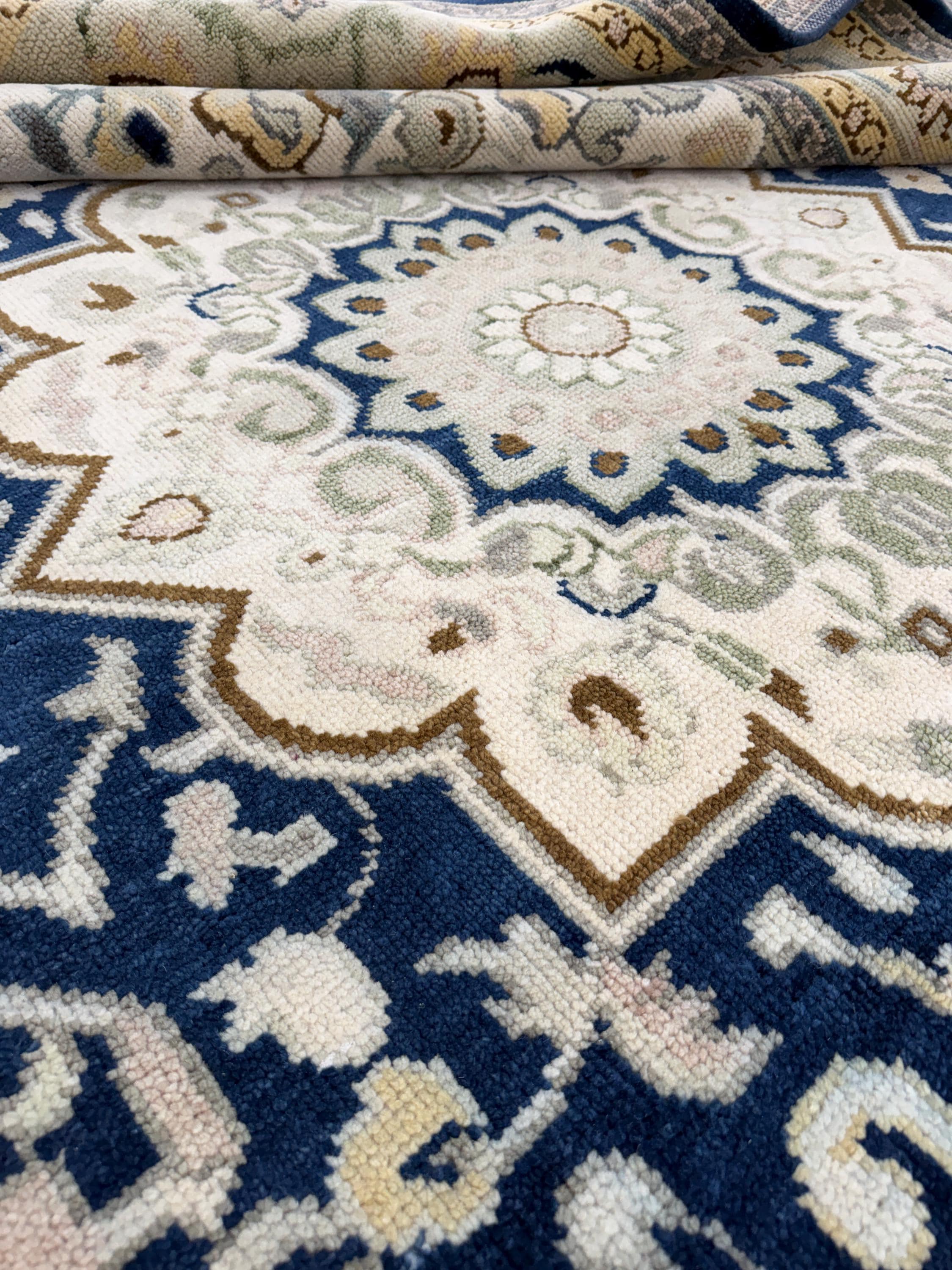 Hand Knotted Wool Medallion Rug, Navy Blue Floral Persian Style Carpet