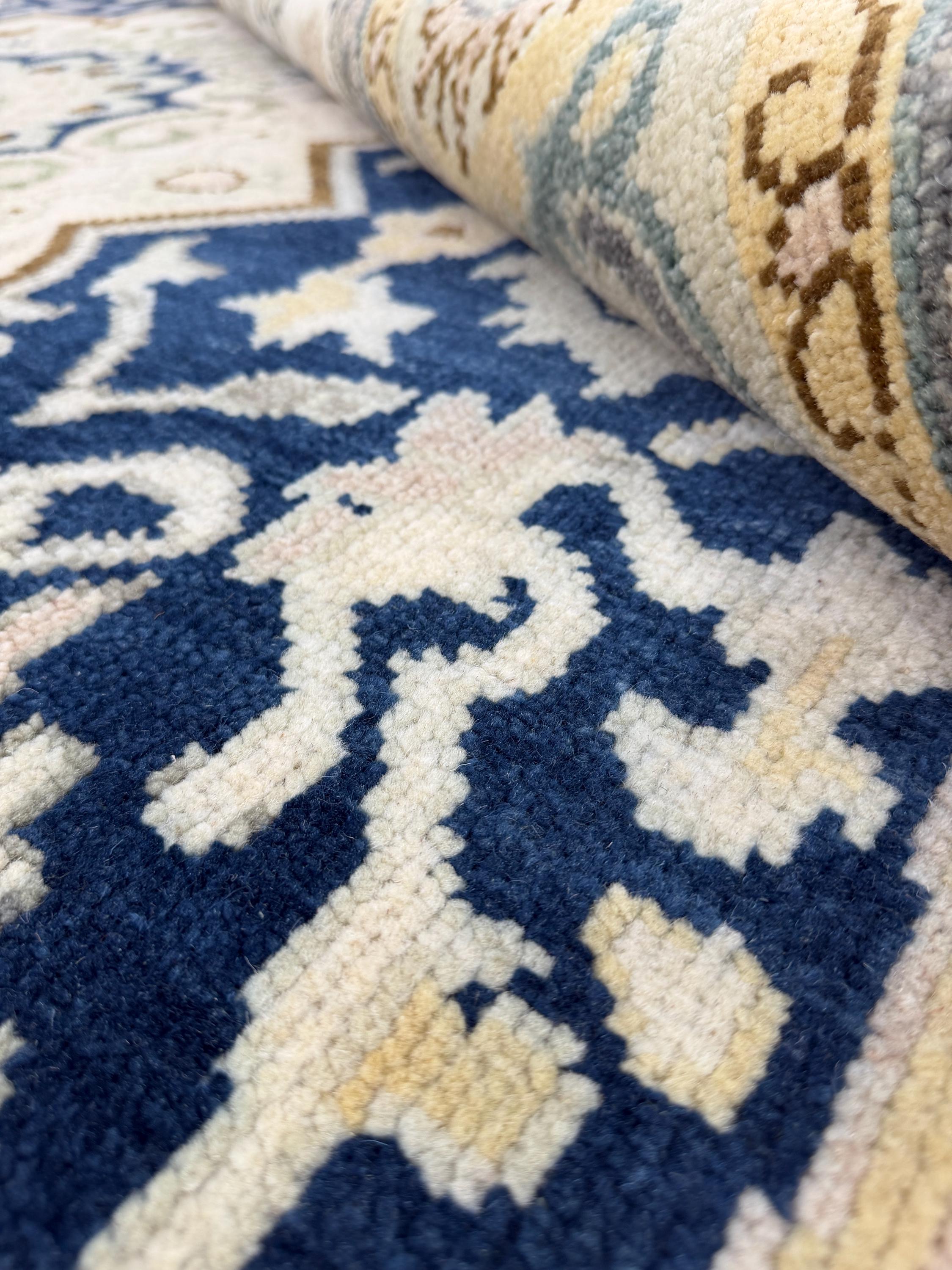 Hand Knotted Wool Medallion Rug, Navy Blue Floral Persian Style Carpet
