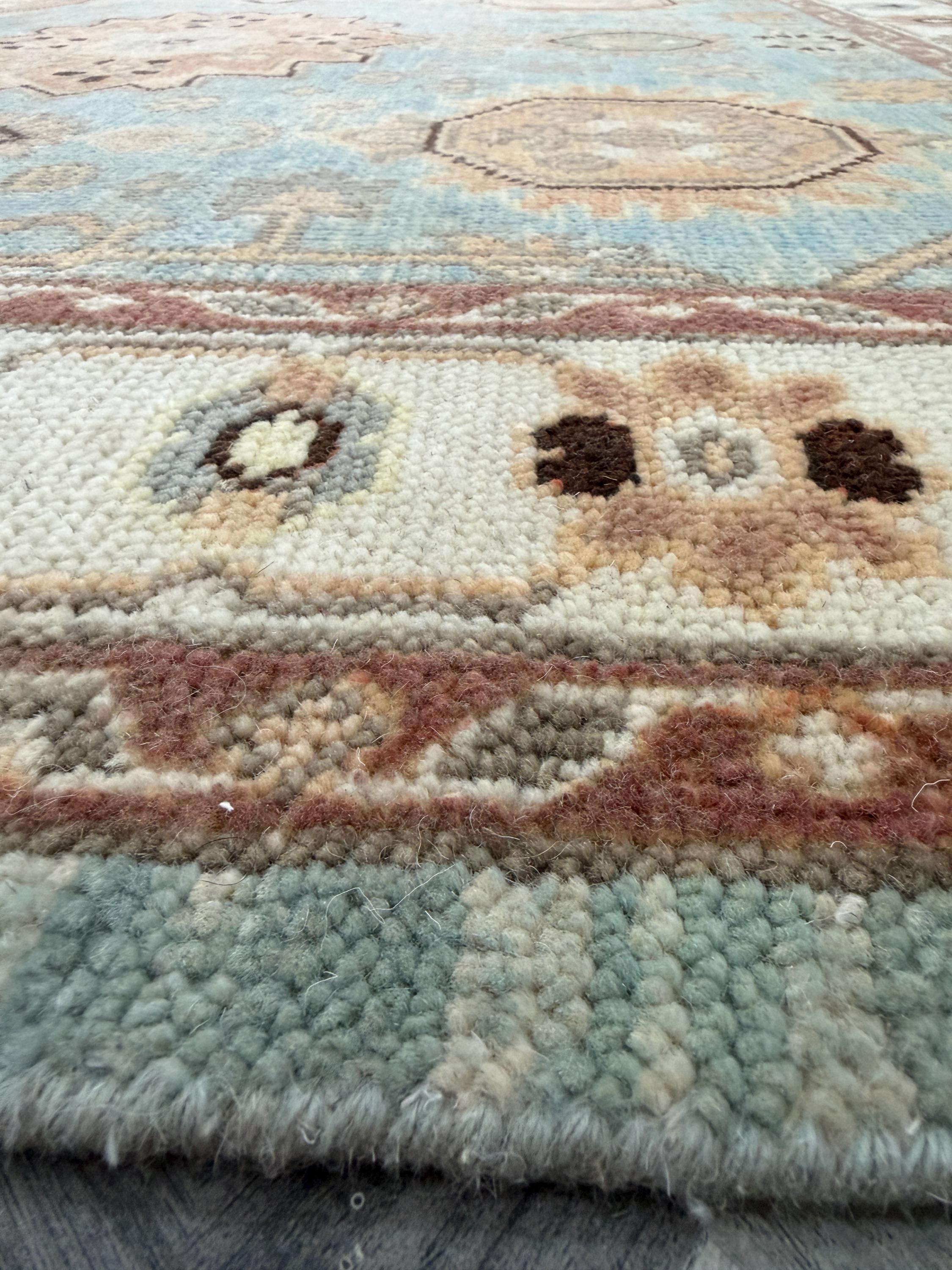 Hand-Knotted Wool Medallion Rug, Blue Beige Traditional Oriental Boho Carpet