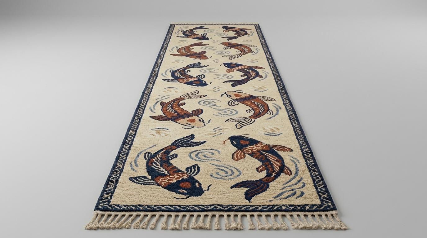 Hand Knotted Wool Koi Fish Runner Rug, Japanese Style Oriental Carpet