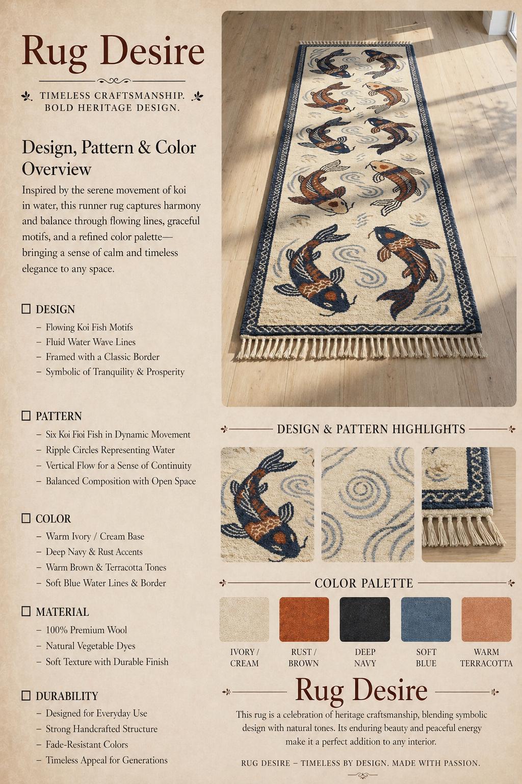 Hand Knotted Wool Koi Fish Runner Rug, Japanese Style Oriental Carpet