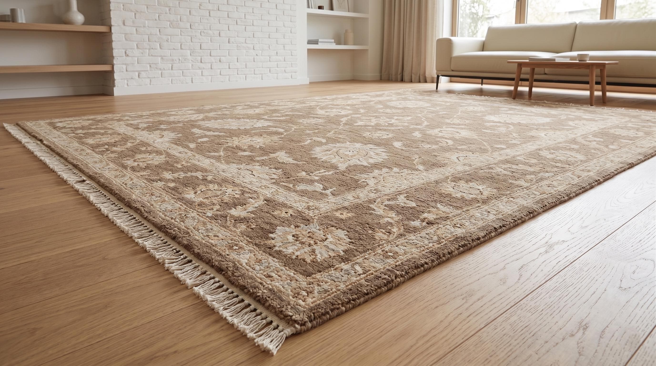 Hand Knotted Wool Rug, Neutral Floral Oushak Style Carpet, Beige Brown Area Rug