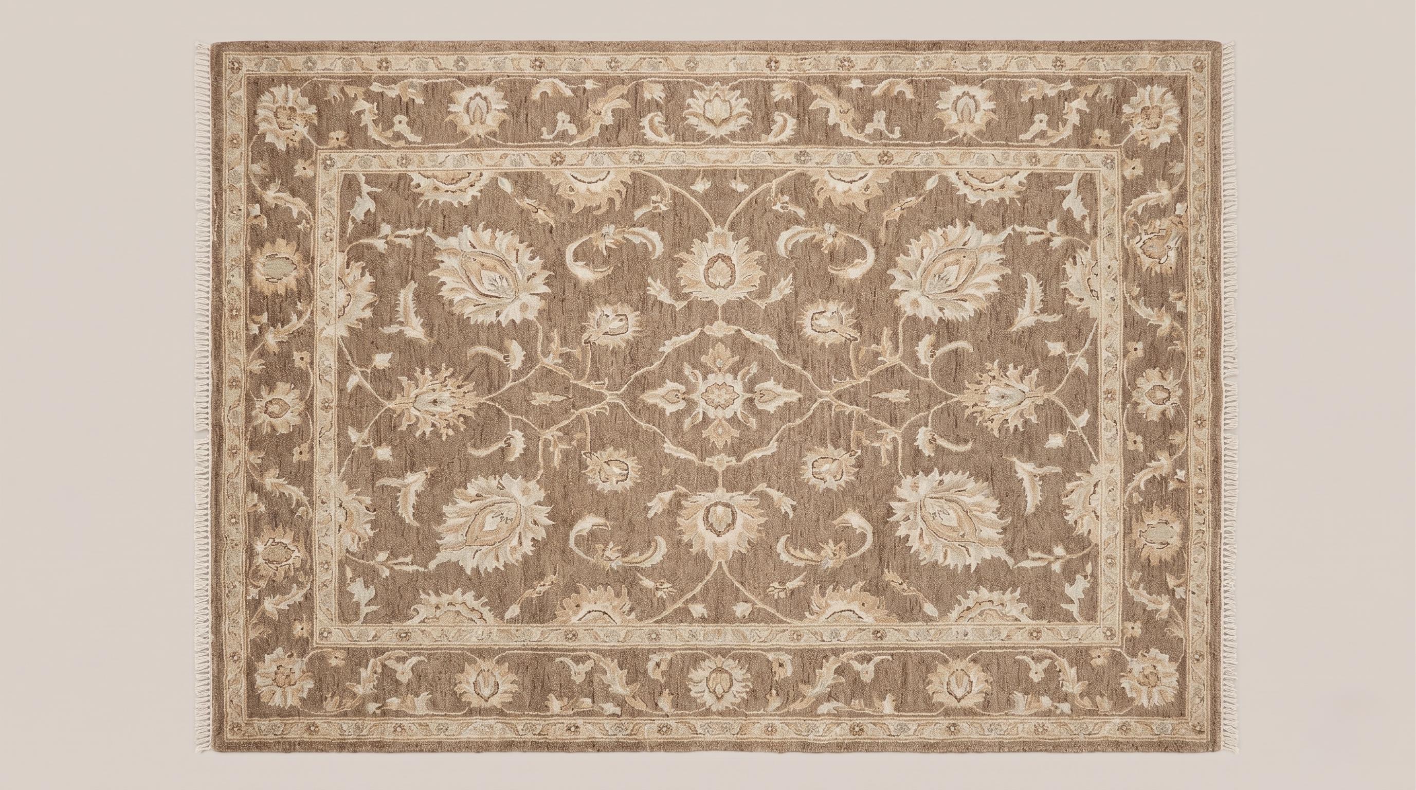 Hand Knotted Wool Rug, Neutral Floral Oushak Style Carpet, Beige Brown Area Rug