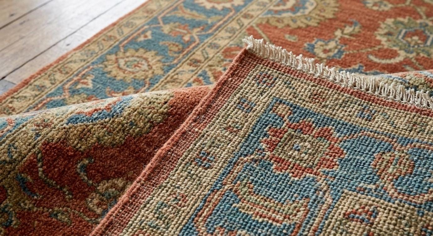 Hand Knotted Wool Rug, Vintage Oushak Style, Terracotta Blue Floral Carpet