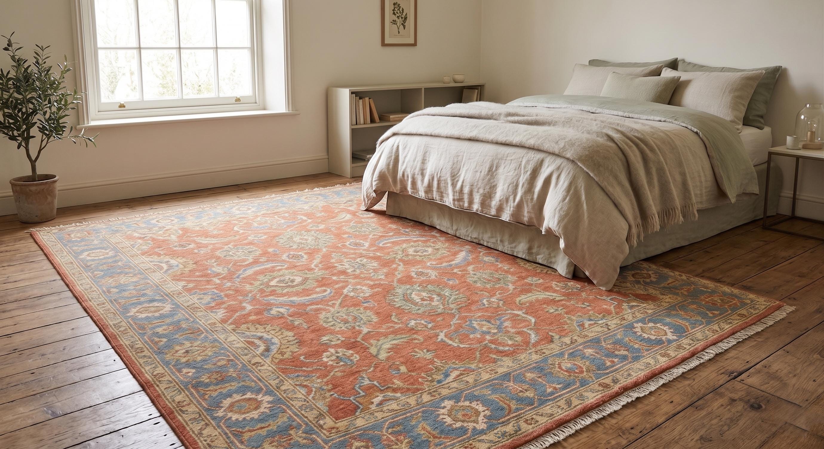 Hand Knotted Wool Rug, Vintage Oushak Style, Terracotta Blue Floral Carpet