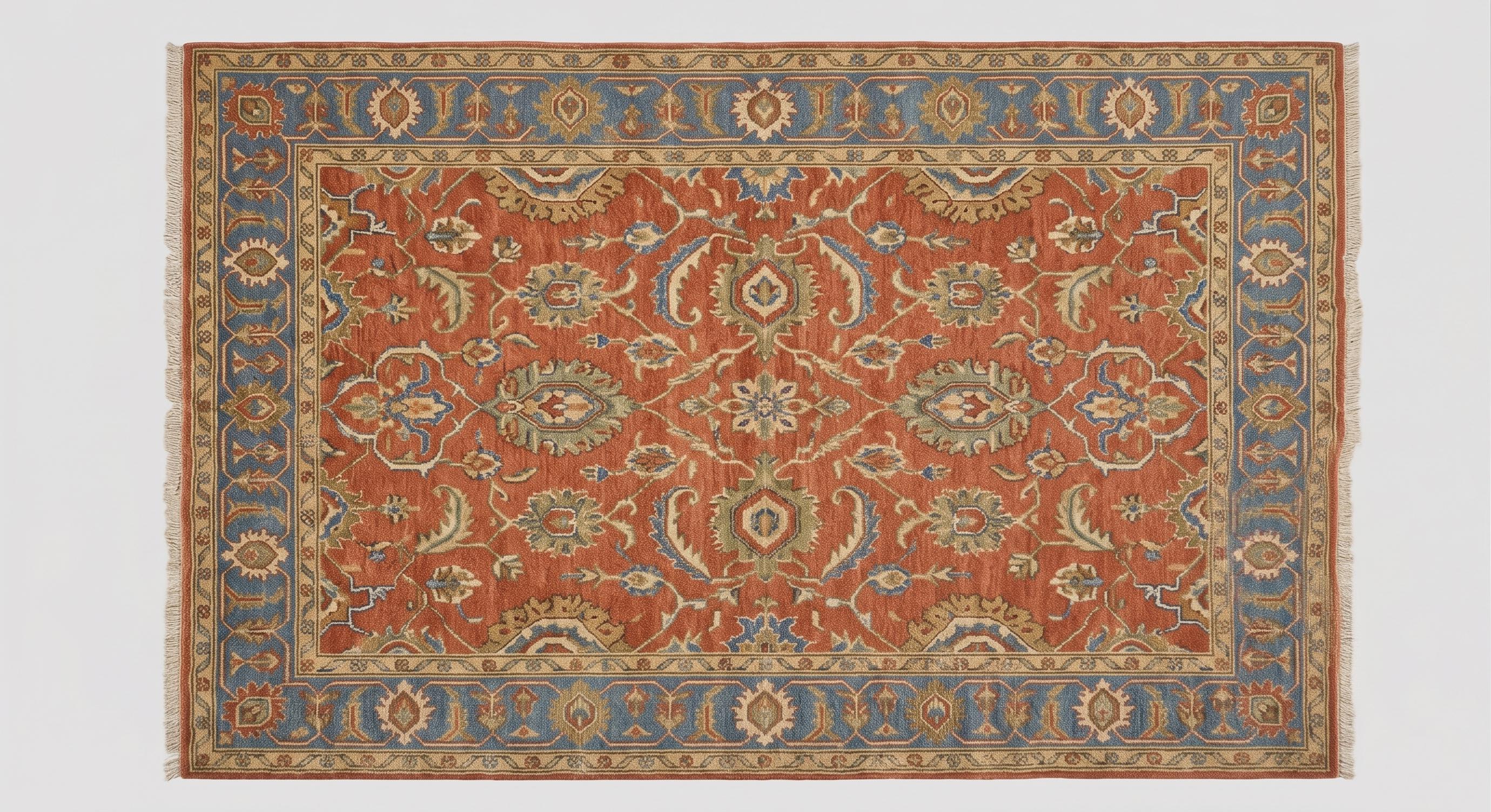 Hand Knotted Wool Rug, Vintage Oushak Style, Terracotta Blue Floral Carpet