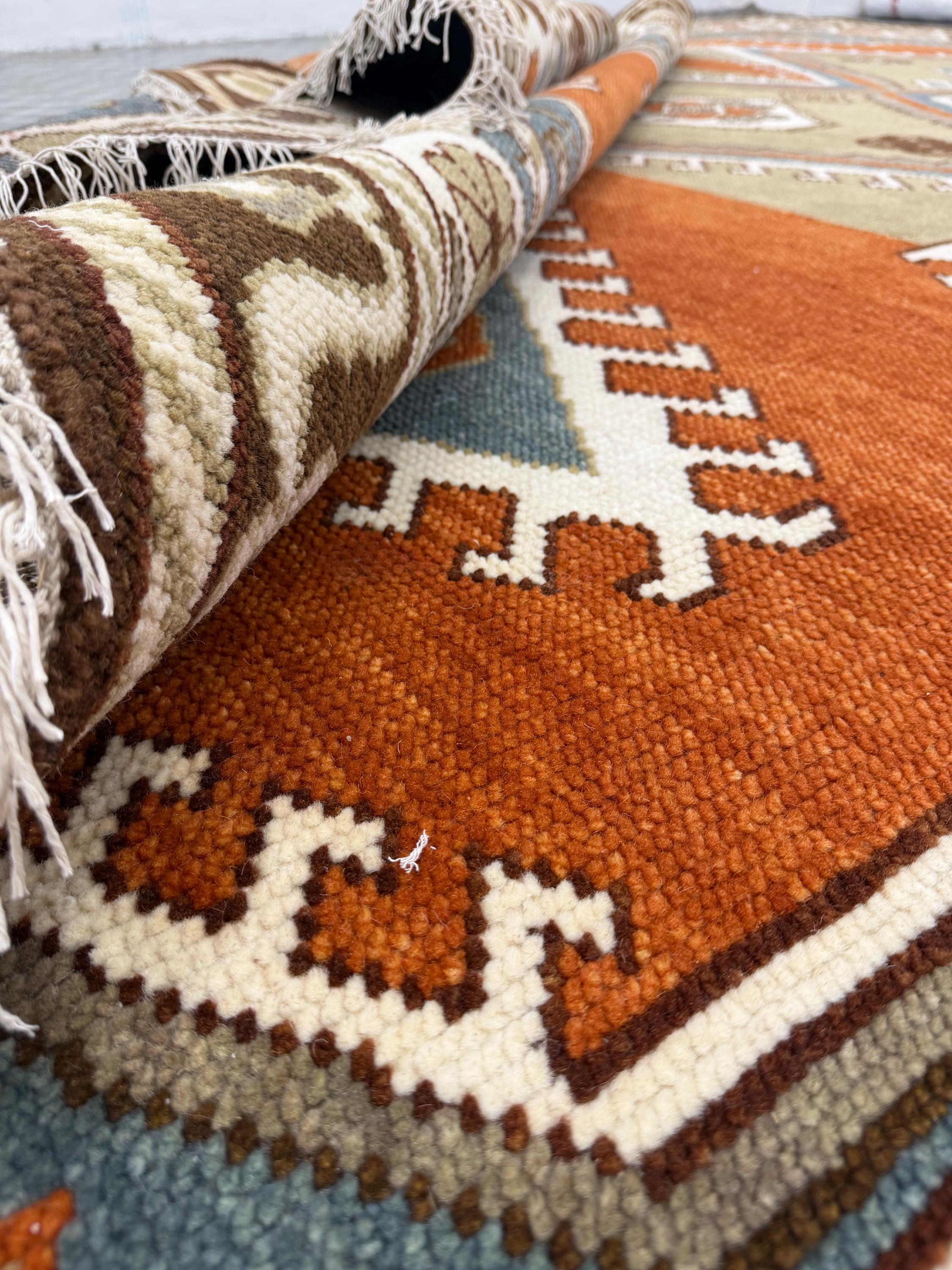 Hand Knotted Wool Oushak Rug, Rust Beige Blue Tribal Persian Style Carpet