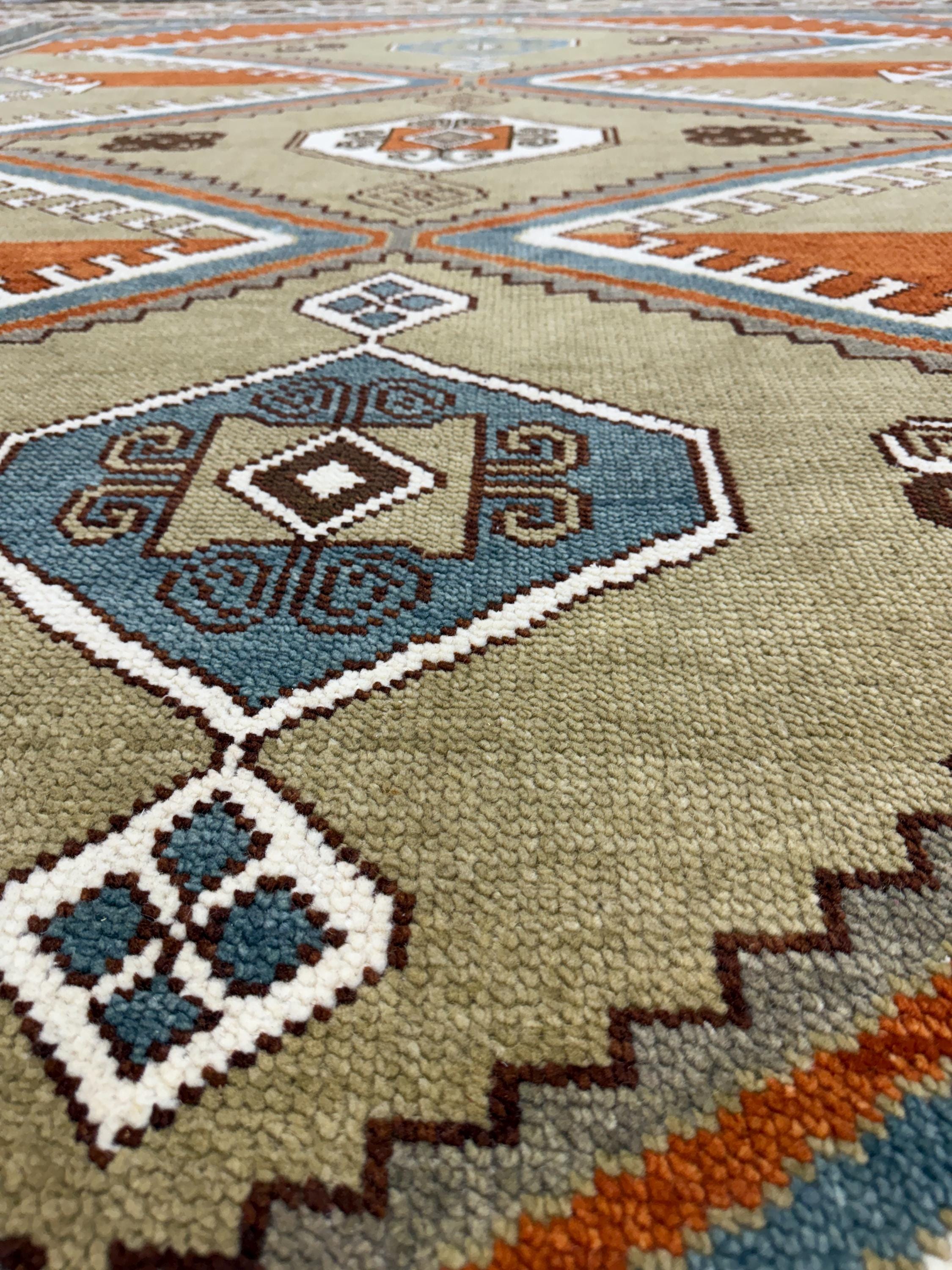 Hand Knotted Wool Oushak Rug, Rust Beige Blue Tribal Persian Style Carpet