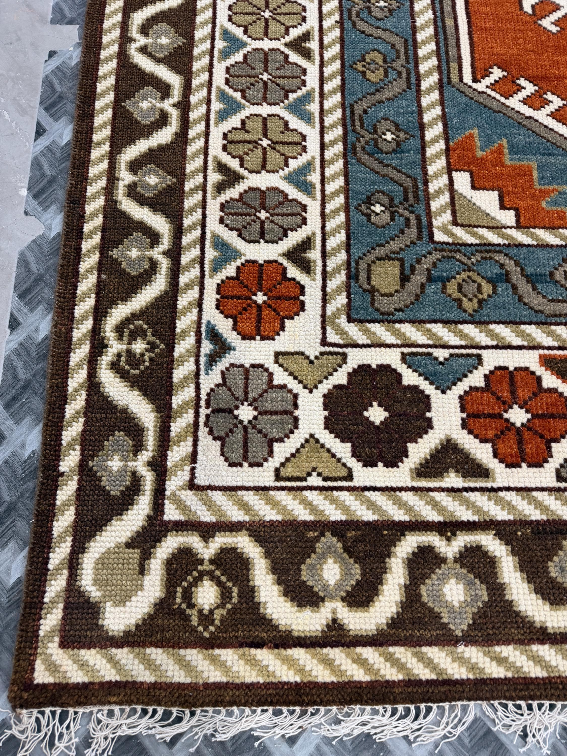 Hand Knotted Wool Oushak Rug, Rust Beige Blue Tribal Persian Style Carpet