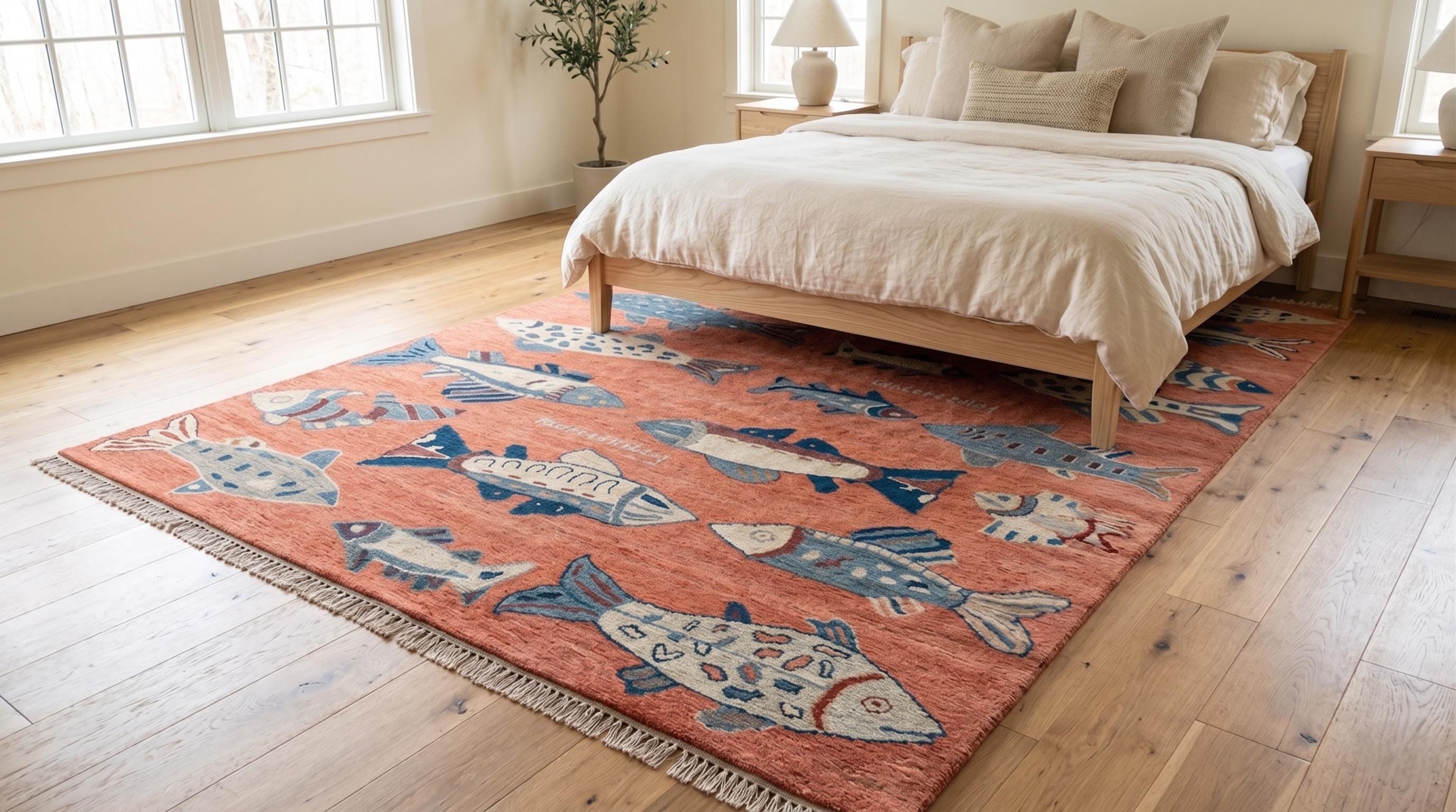 Hand-Knotted Wool Fish Rug, Coral Pink Scandinavian Marine Carpet